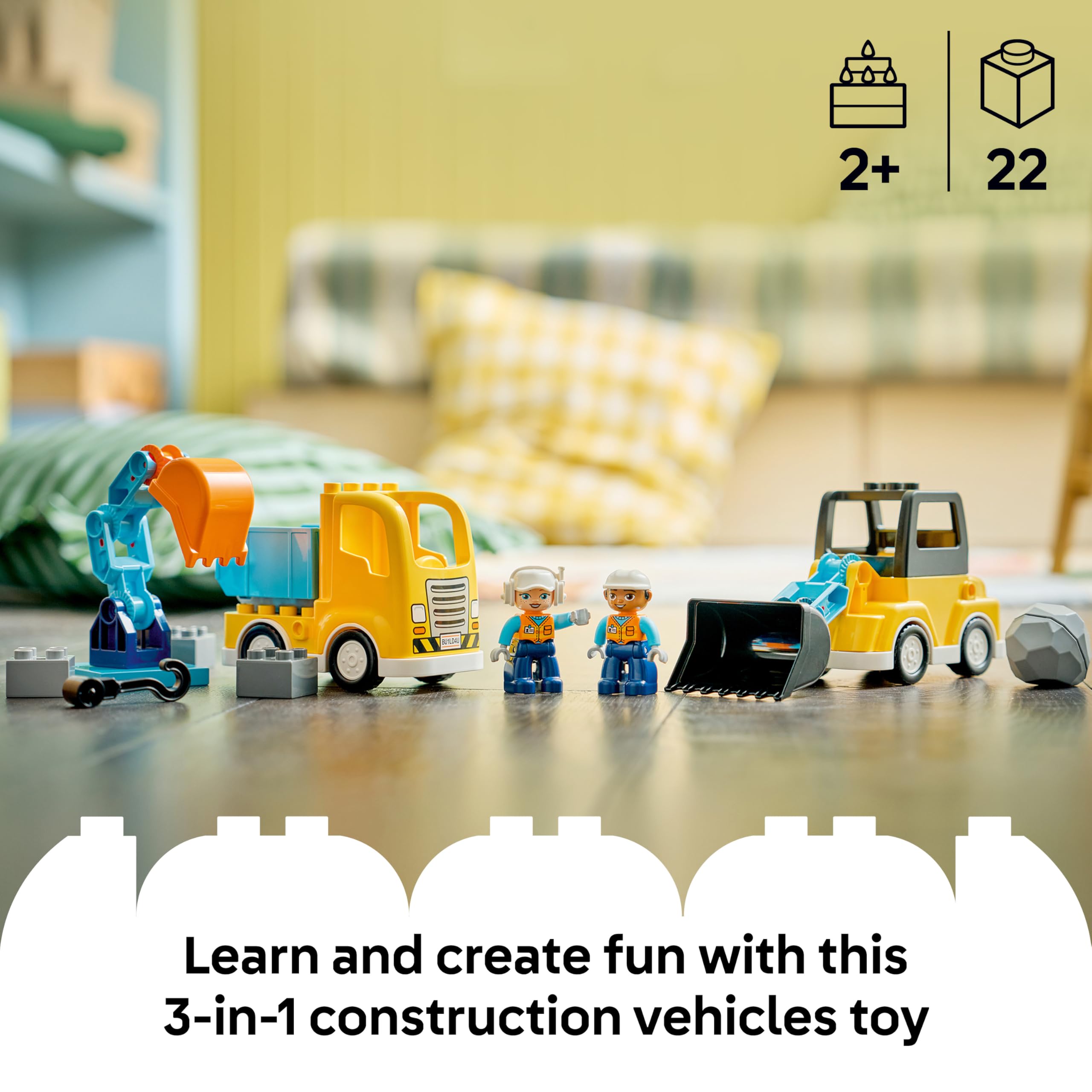 LEGO DUPLO 10475 3 in 1 Construction Vehicles Building Set | 22 Pieces | Ages 2+