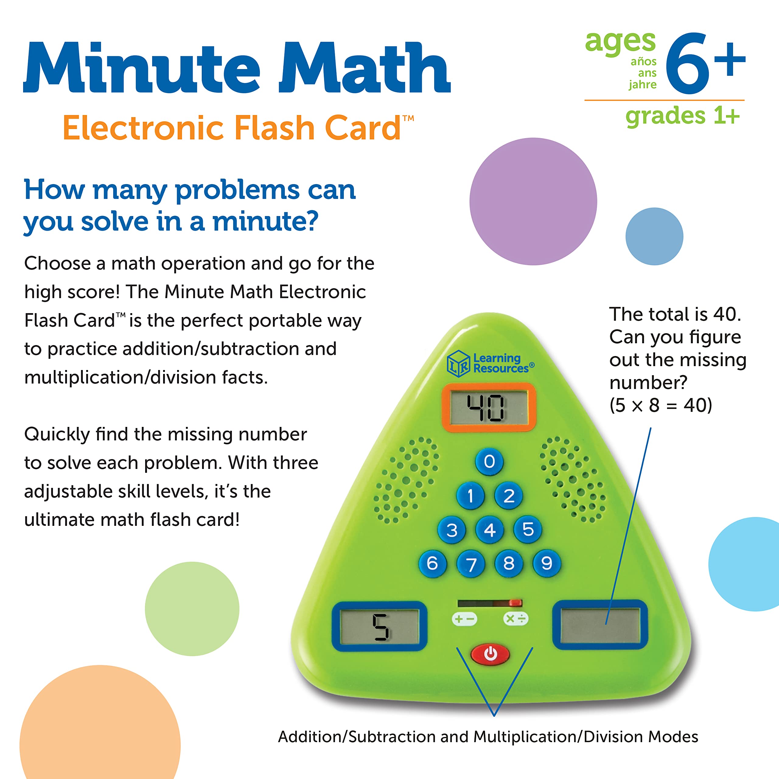 Learning Resources Minute Math Electronic Flash Card for Ages 6-11 | Timed & Untimed Practice 7