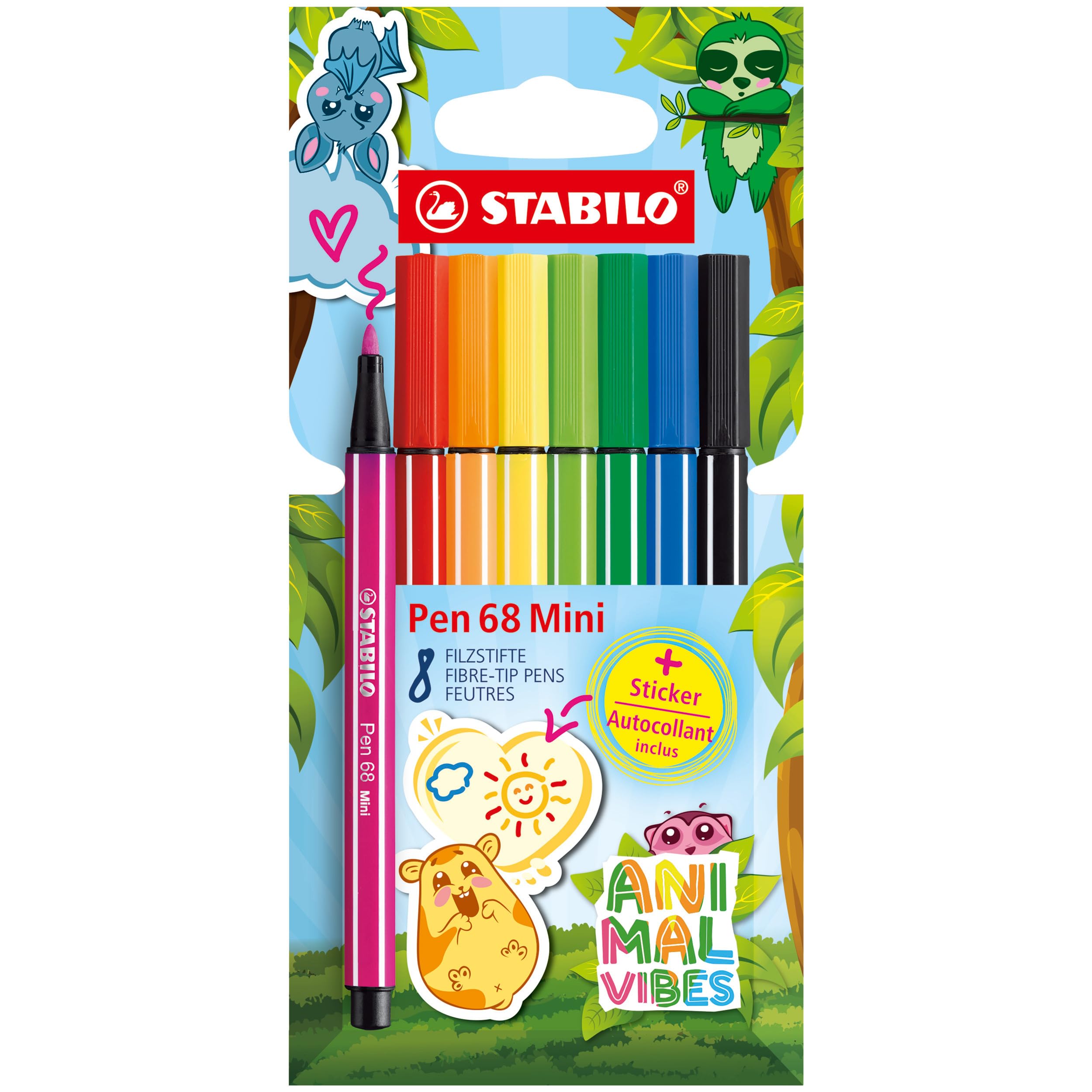 STABILO Pen 68 Mini Animal Vibes - Pack of 8 Colouring Pens | 1mm Tip | Ages 6-14 1