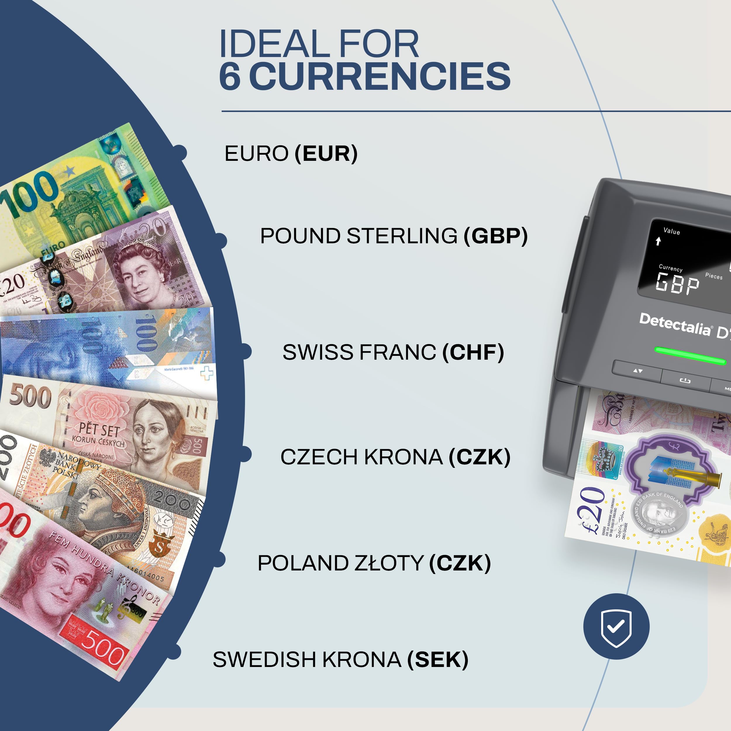 Detectalia D7X Counterfeit Banknote Detector - Checks 6 Currencies (GBP, EUR, CHF, PLN, CZK, SEK)