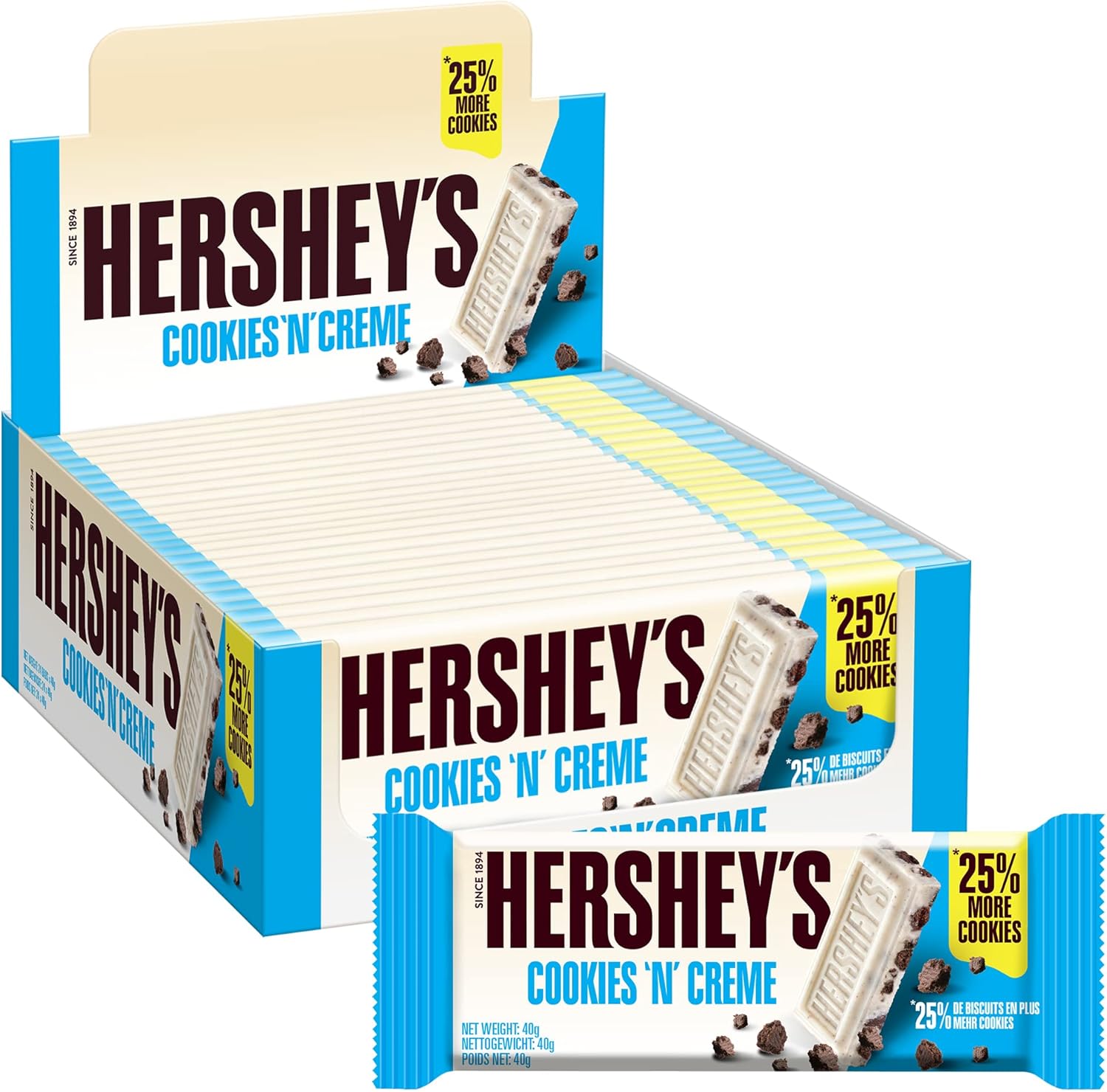 Hershey's Cookies 'n' Crème Riegel mit weißer Schokolade und Keksstückchen – 24er-Packung (je 40 g)