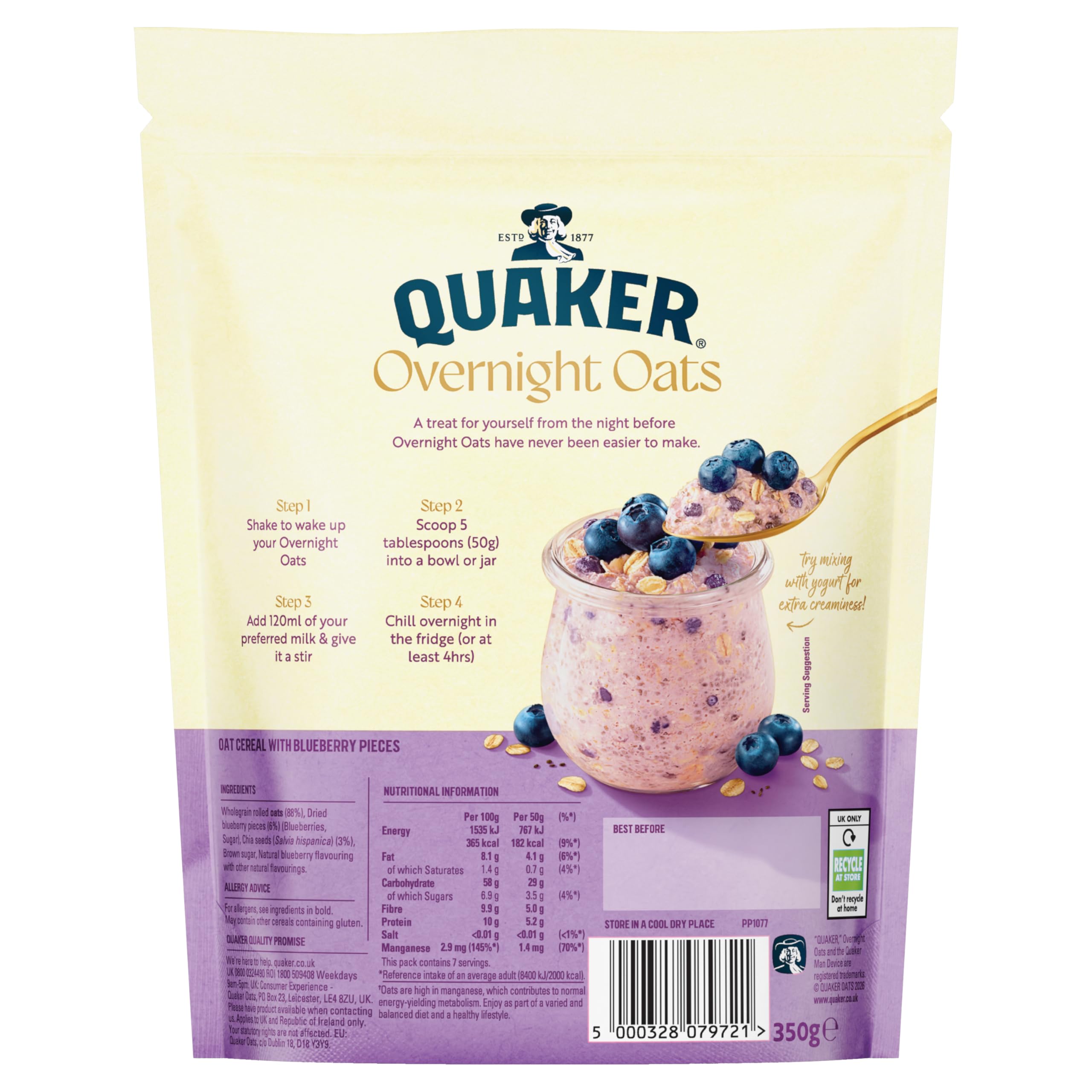 Quaker Overnight Oats Blueberry Cereal - Source of Fibre | Natural Energy Release | 350g