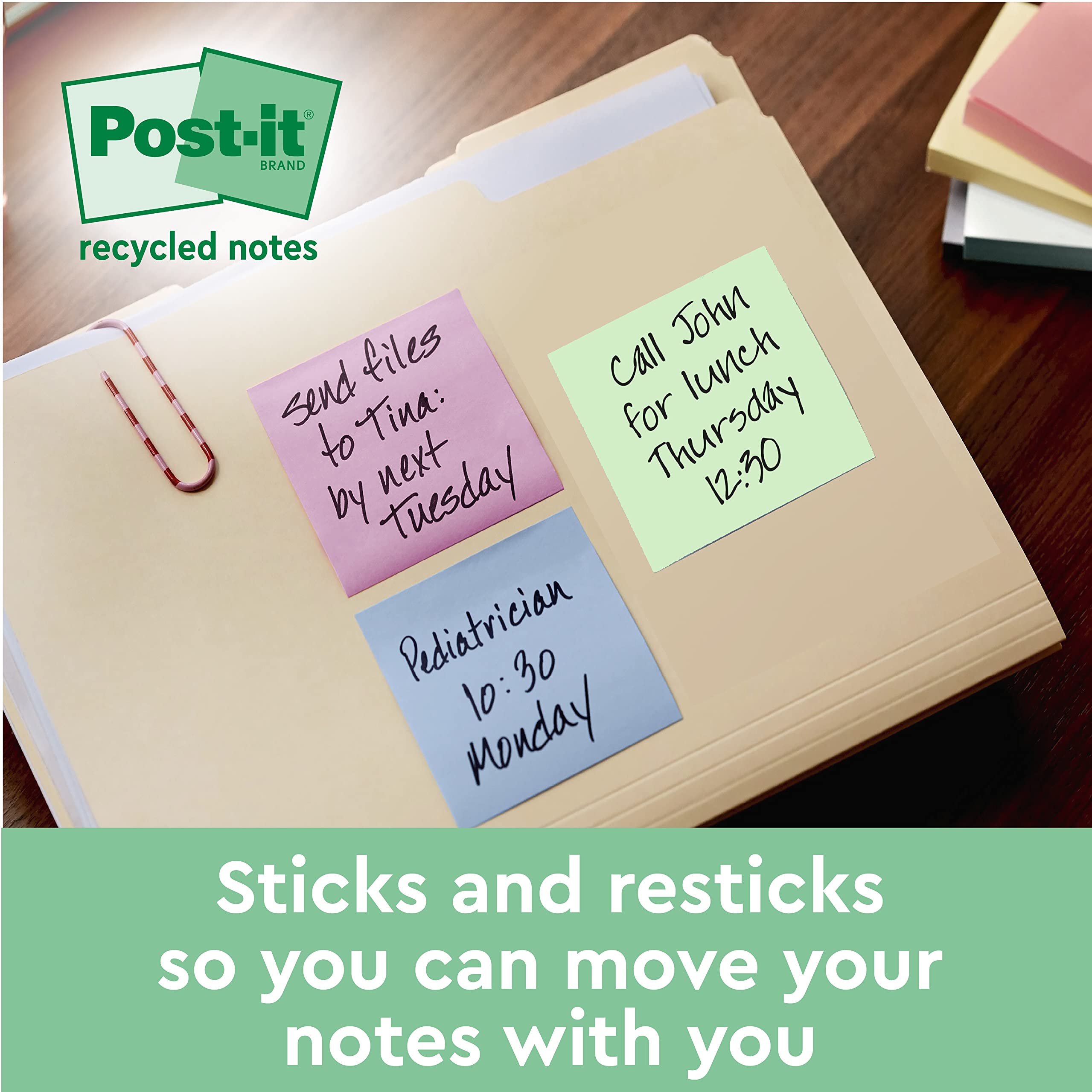 Post-it Super Sticky 100% Recycled Notes - 4 Pad Pack (3+1 Free) | 70 Sheets Each | Pink, Green, Yellow, Blue 7