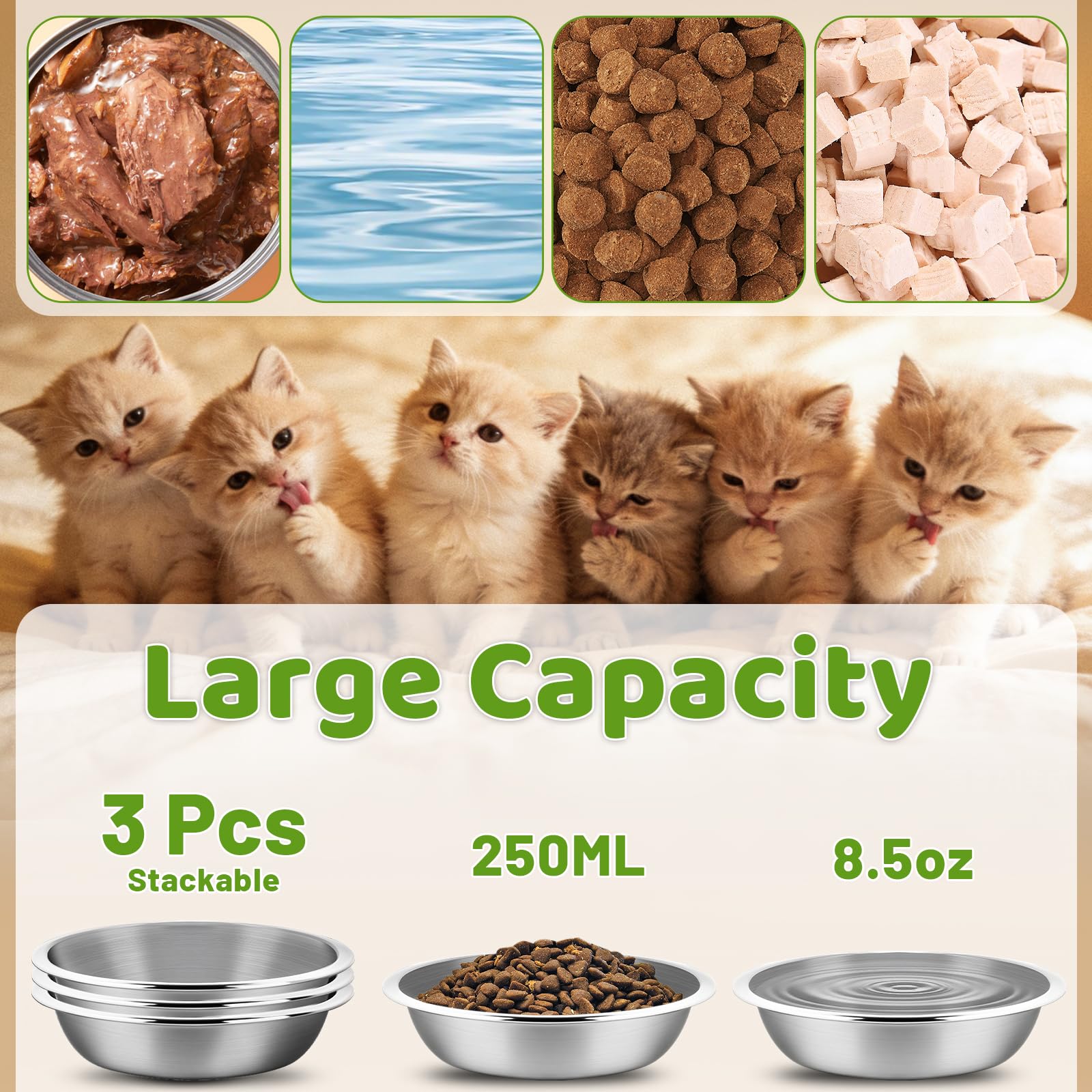 MOXYOY 3-Piece Stainless Steel Cat Food Bowls | 5.5-inch Diameter | Whisker Friendly 4