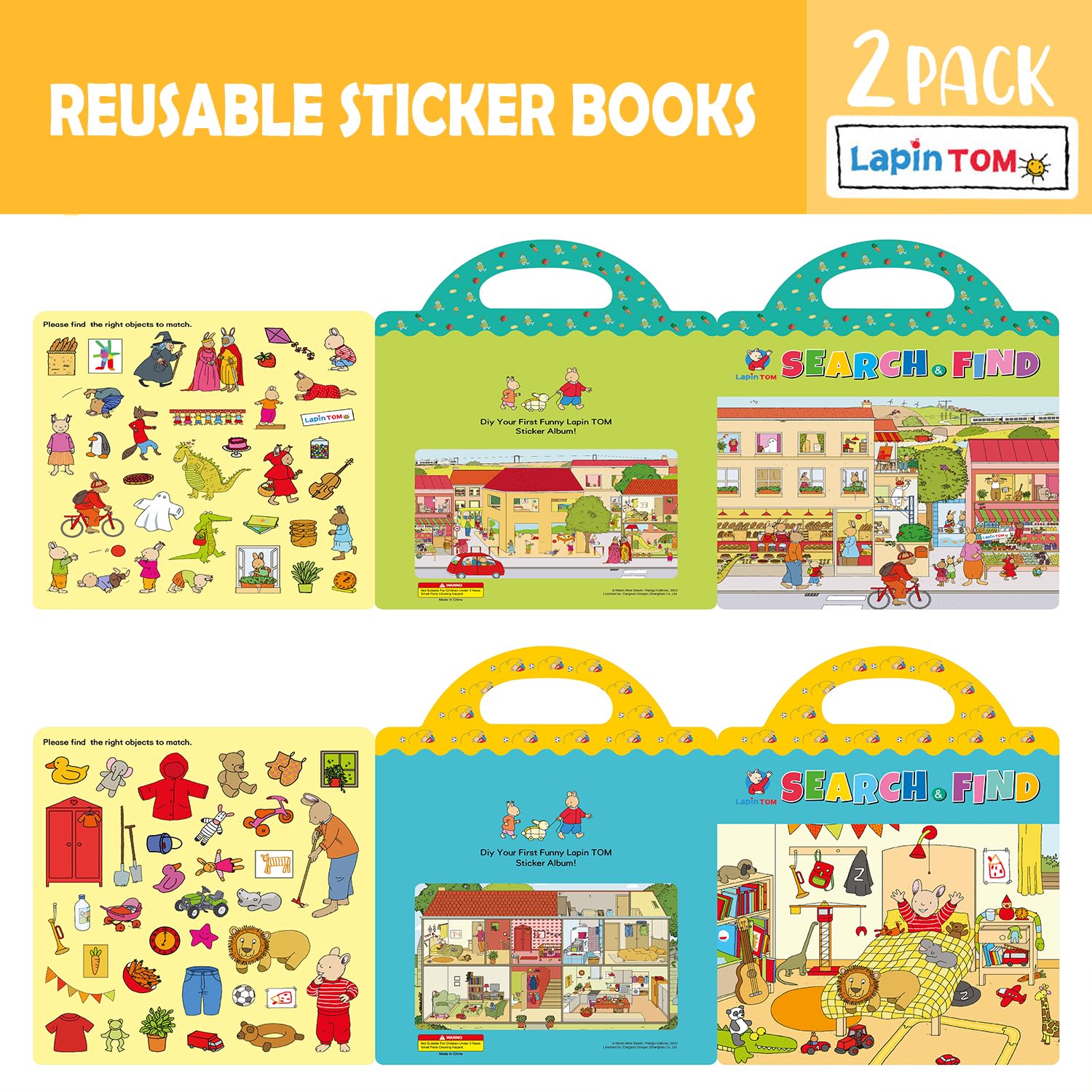 GUYUCOM Reusable 3D Sticker Book for Kids - Tom the Little Rabbit Theme | 2 Pack | Ages 2+ 5
