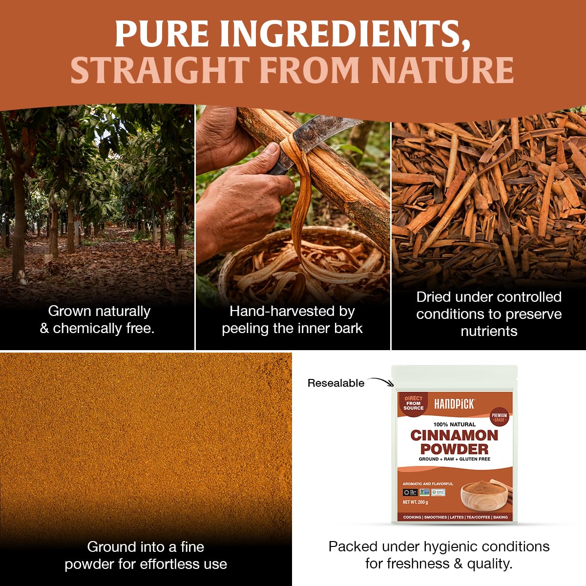 HANDPICK Cinnamon Powder - Raw Ground Spice for Cooking, Smoothies, Lattes & Tea | 200g (7oz) Resealable Pouch 4