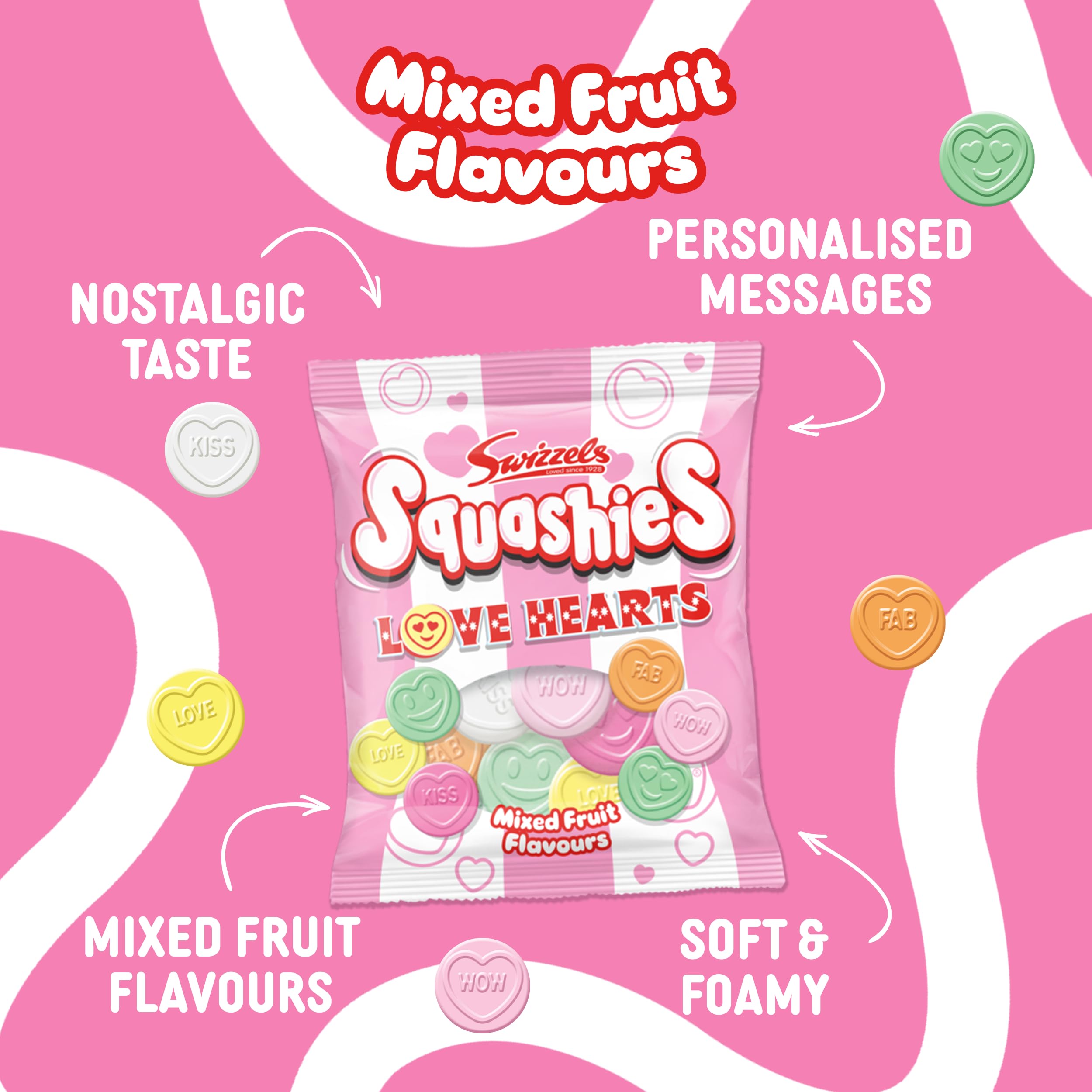 Swizzels Squashies Love Hearts Chewy Retro Sweets - Fruity Flavour, 120g Pack