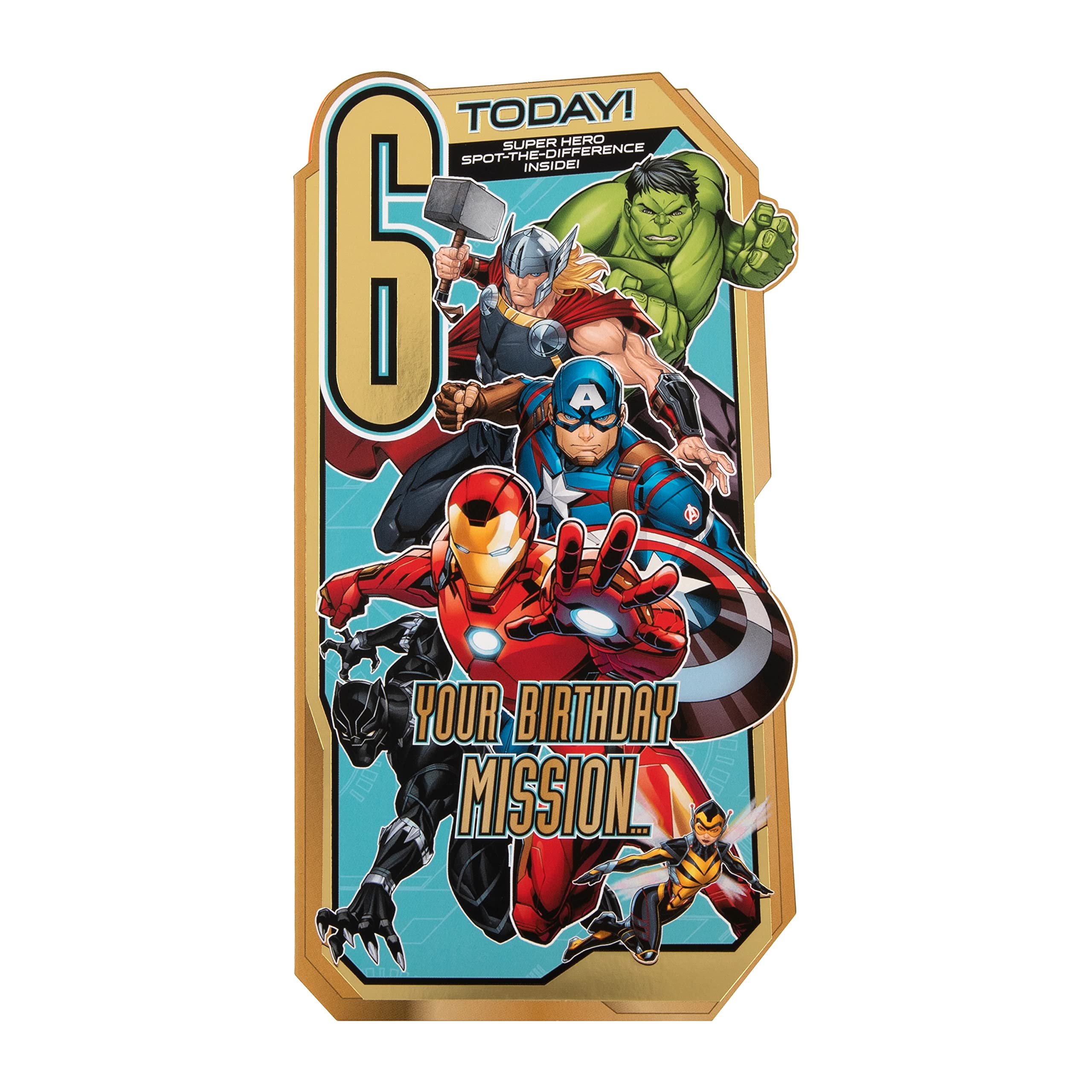 Hallmark Age 6 Birthday Card - Marvel Avengers Die-Cut with Gold Foil | Blue Envelope 5