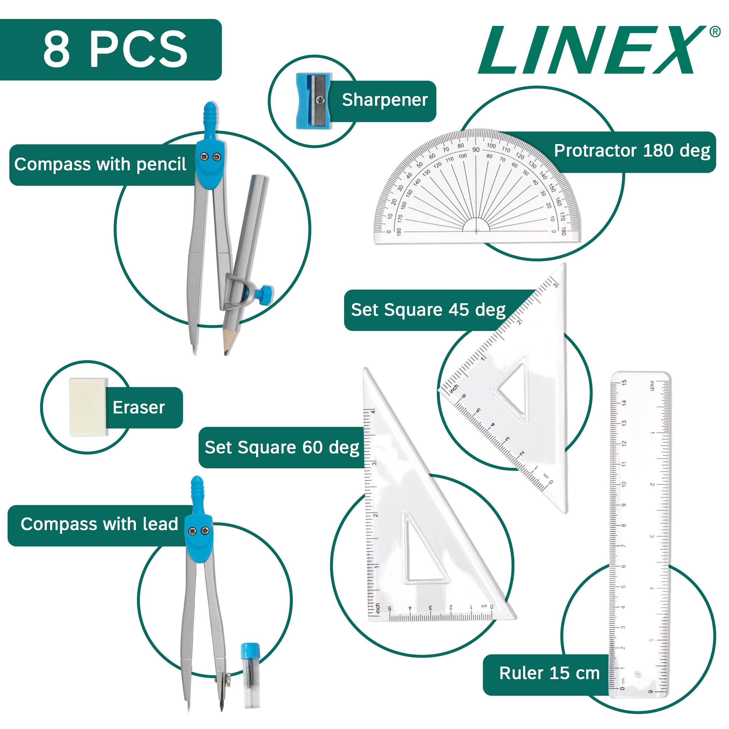 Linex 10-Piece Maths Geometry Set - Complete Exam Kit with Transparent Case, Blue 5