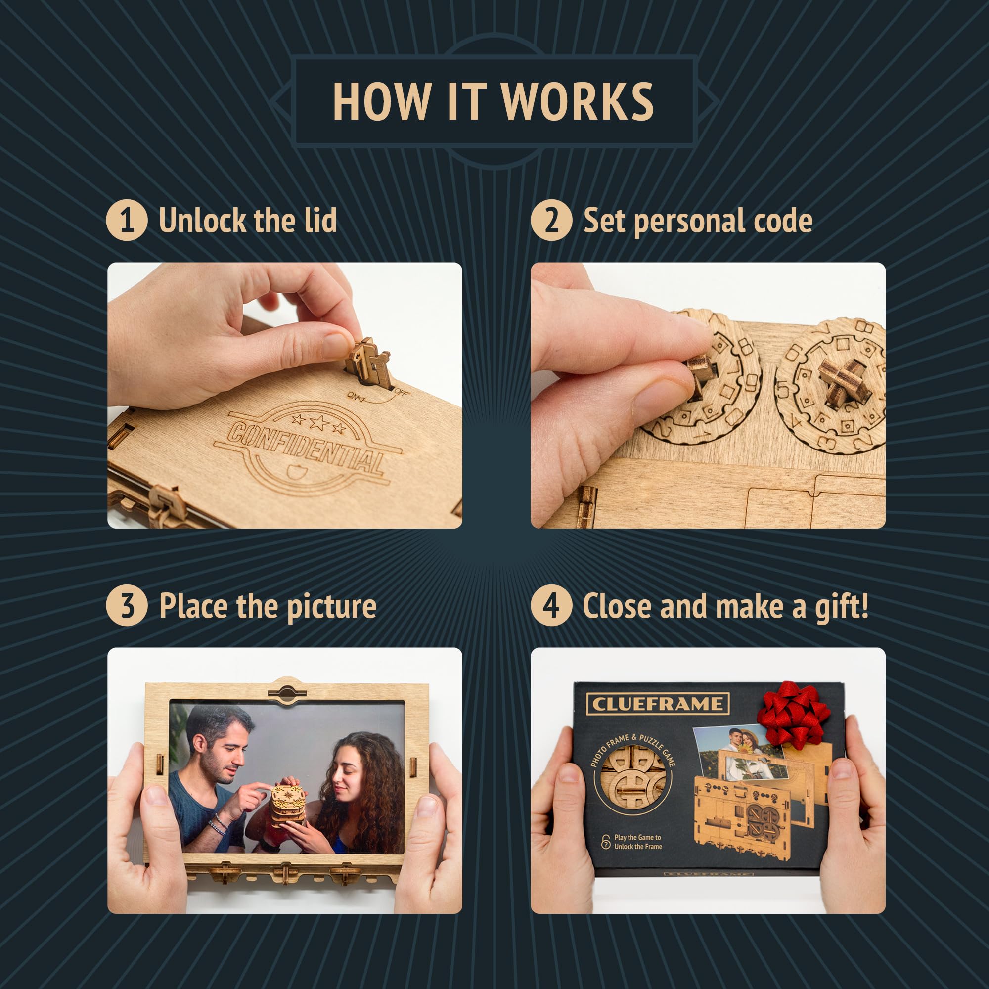 iDventure Clueframe - Secret Picture Frame Puzzle Box | Customizable 4-Digit Code | Birch Wood 3