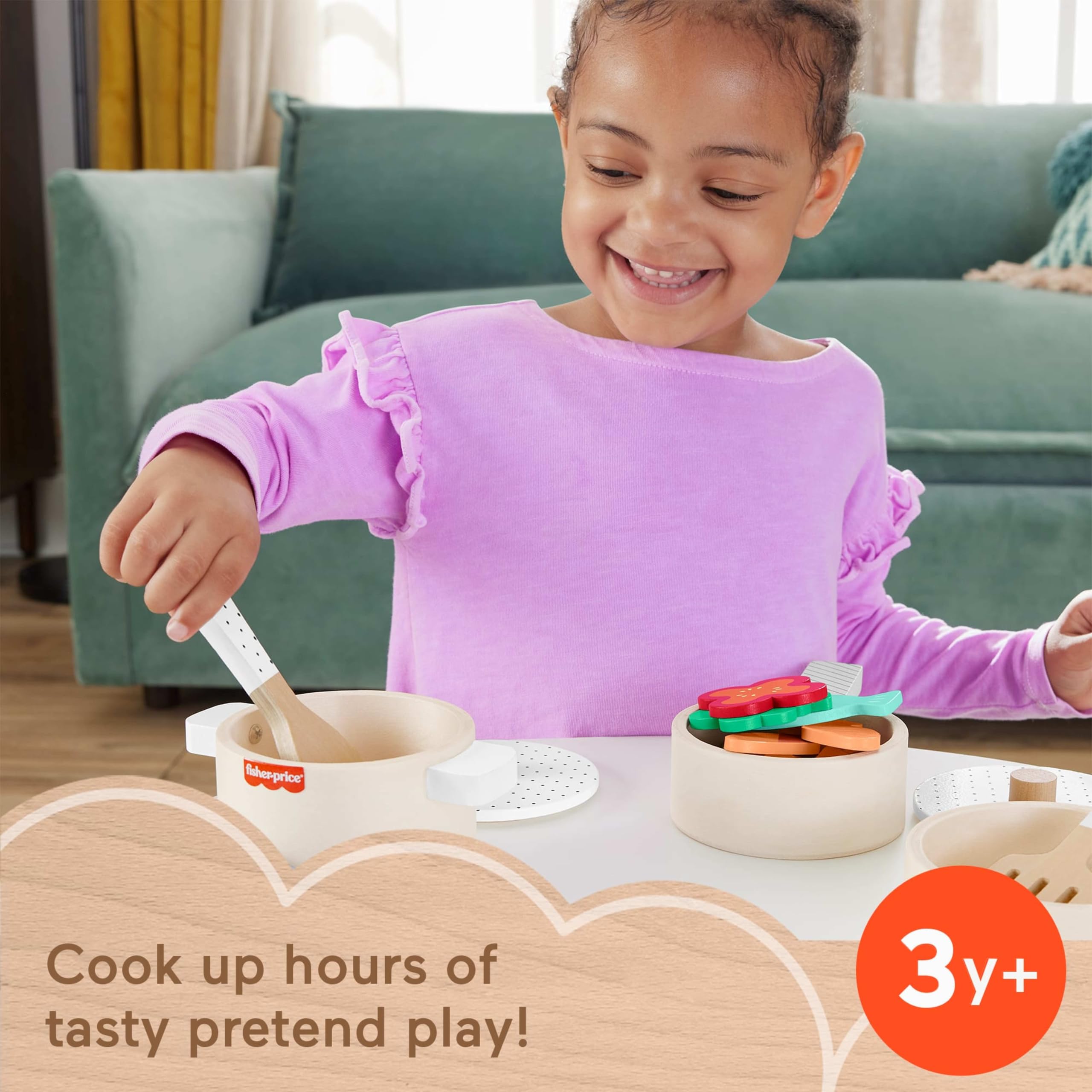 Fisher-Price Wood Pots & Pans Set - Pretend Cooking Toy | FSC-Certified Wood | Ages 3+ 2