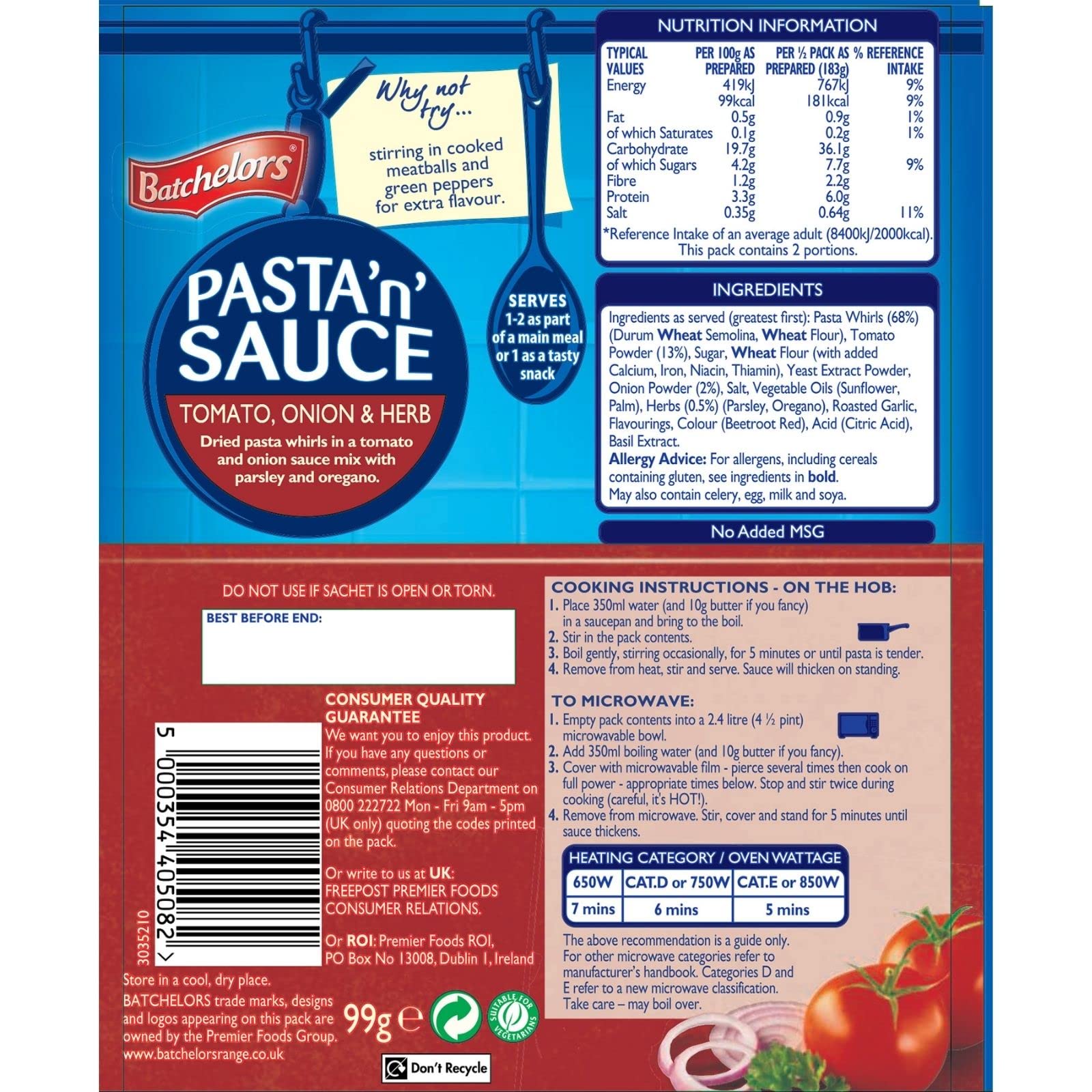 Batchelors Pasta 'n' Sauce Tomato, Onion & Herb Pasta Ready Meal, 99 g Pack of 7