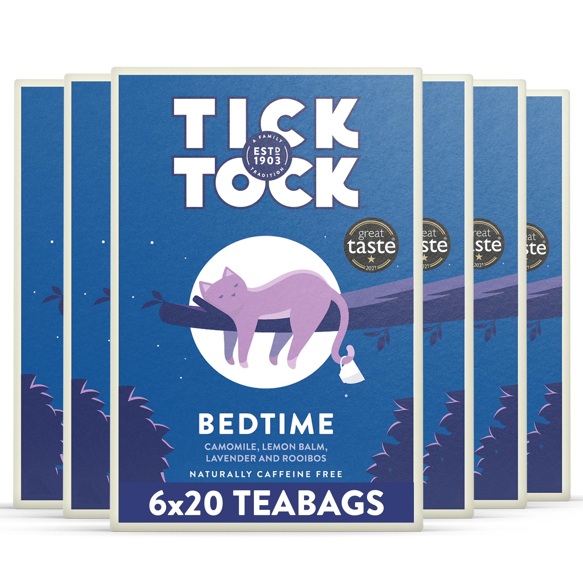 Tick Tock Wellbeing Bedtime Tea - Caffeine-Free Herbal Blend with Camomile & Lavender | 6 Count (20 Bags Each)