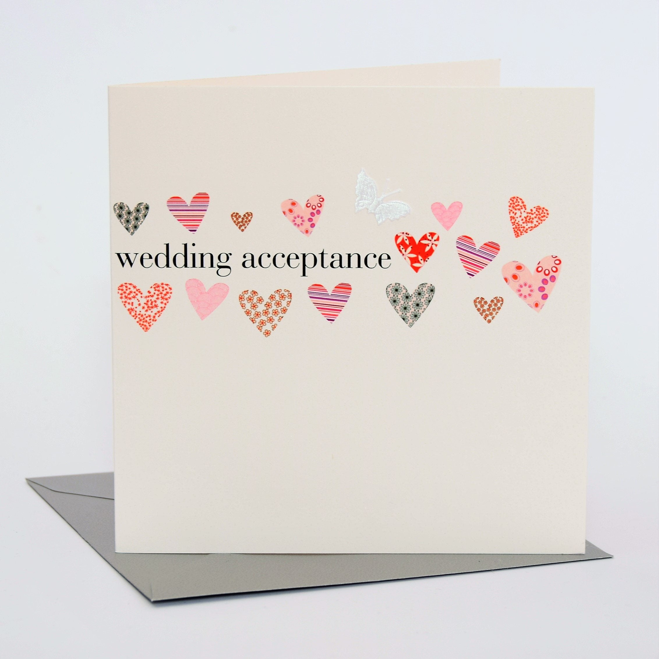 Claire Giles Greeting Cards Wedding Acceptance Card | 150x150mm | Hearts Design | Blank Inside