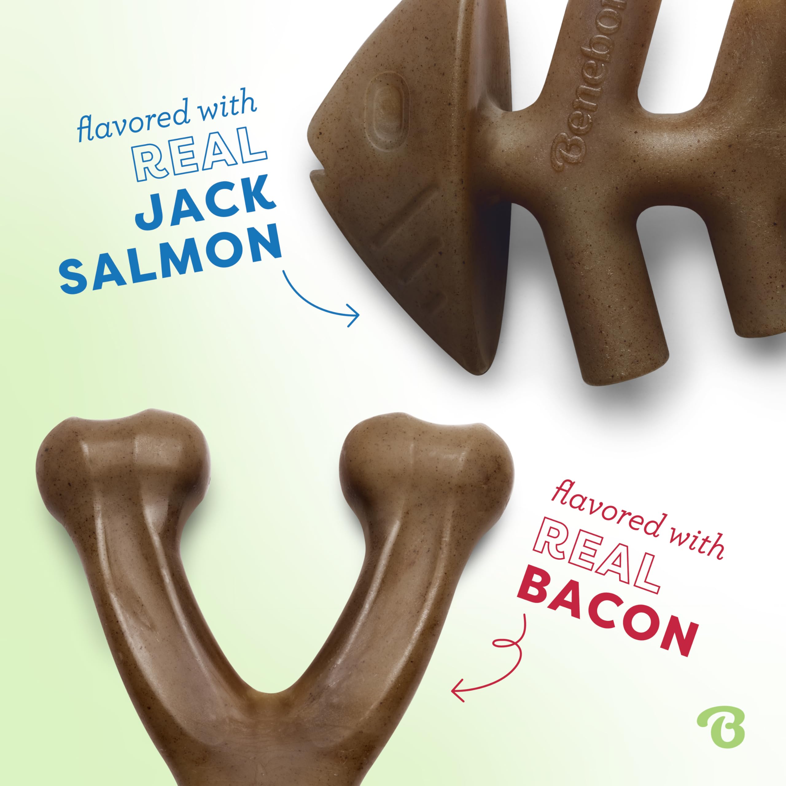 Benebone 2-Pack Fishbone & Wishbone Durable Nylon Chew Toys for Medium Dogs | Real Bacon & Salmon Flavor 2