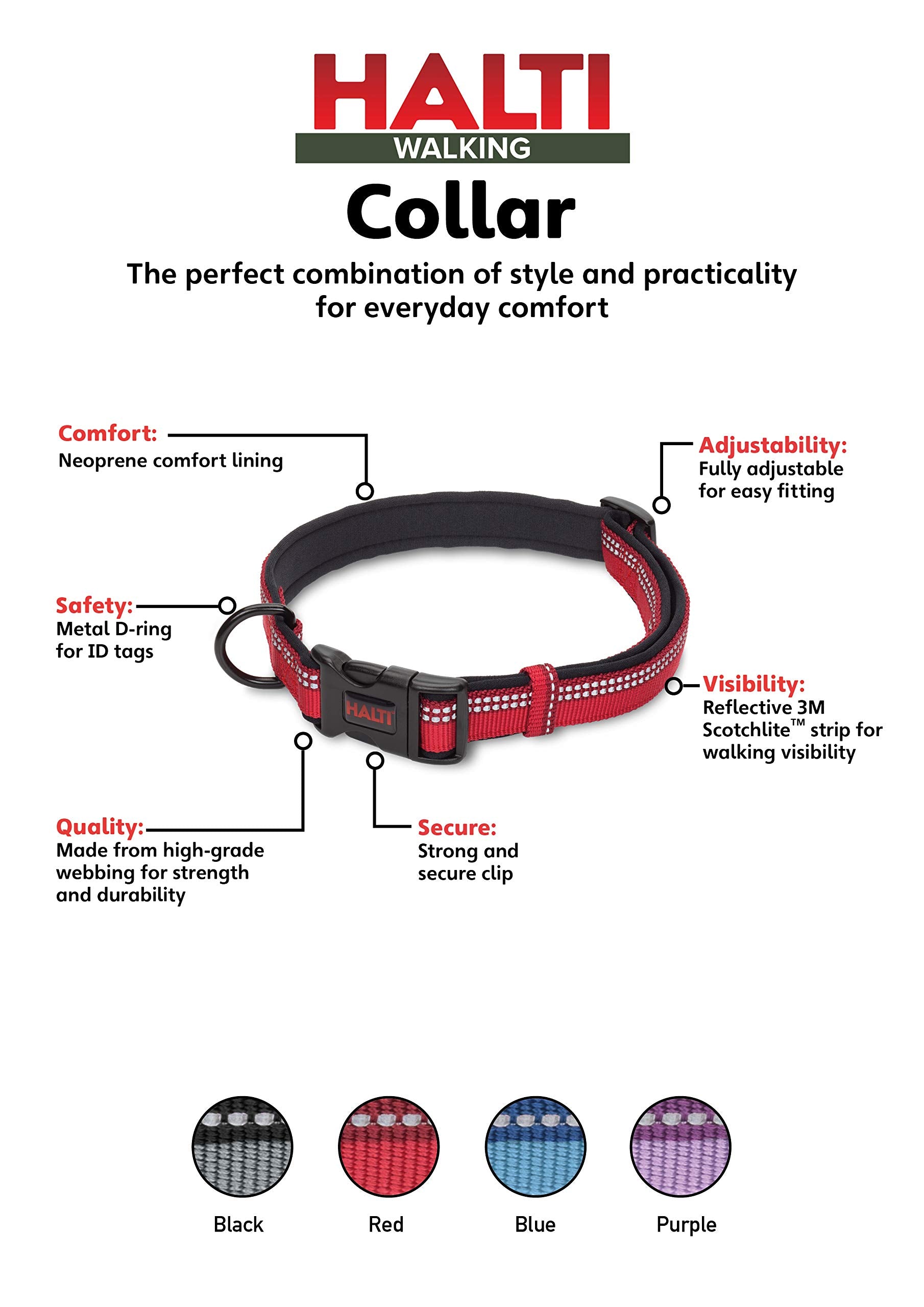 Halti Basic Collar - Medium Size, Red | Neoprene-Padded, Reflective Nylon 3