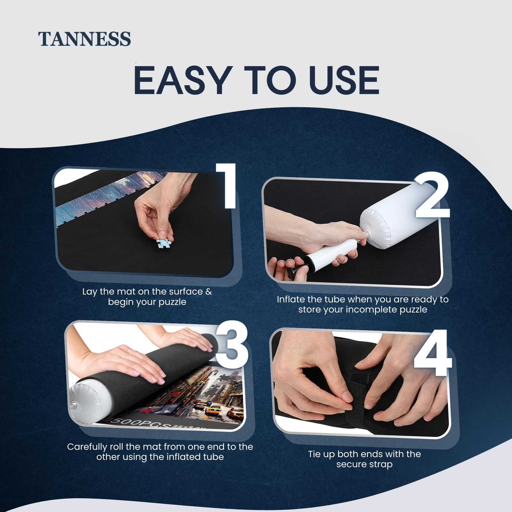 TANNESS Jigsaw Puzzle Mat - Roll-Up Storage for Up to 1500 Pieces | Black Felt, 118cm x 118cm 6