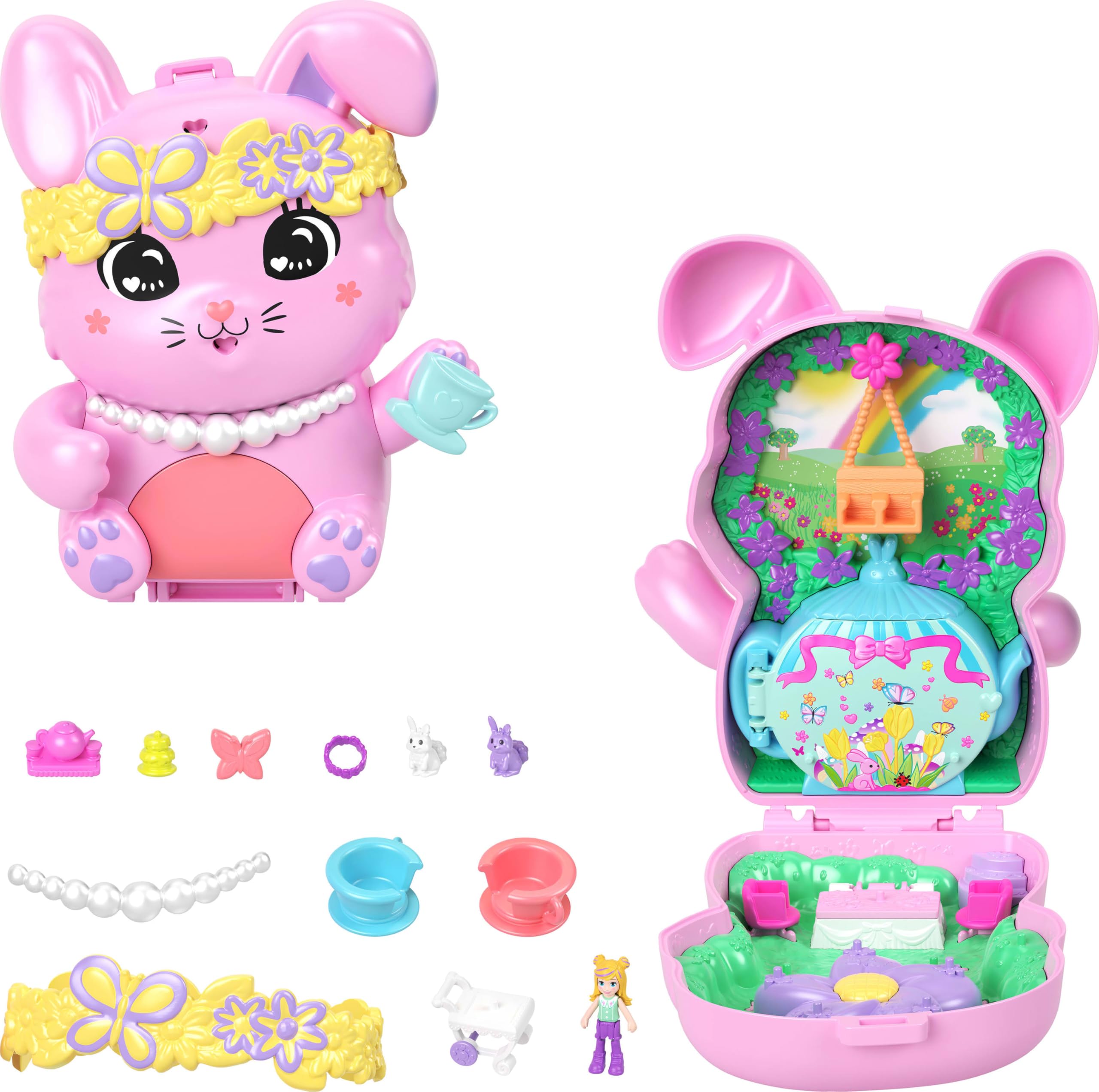 Polly Pocket Tea Party Bunny Kompaktes Spielset – Puppe mit 10 Zubehörteilen und 2 Haustierhasen, ab 4 Jahren