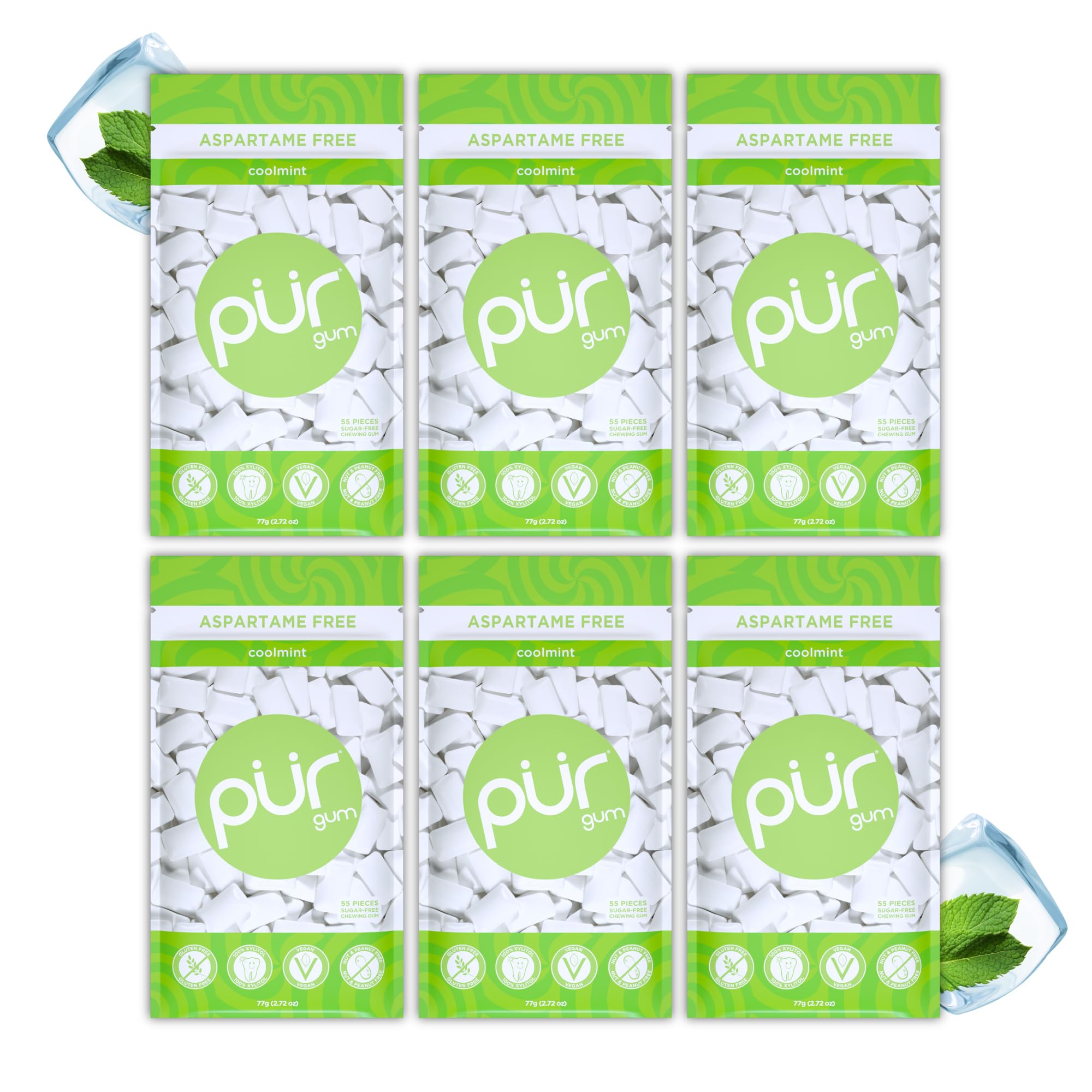 PUR Gum Sugar Free Chewing Gum - Natural Coolmint Flavor | Xylitol Sweetened | 6 Pack of 55 Tablets