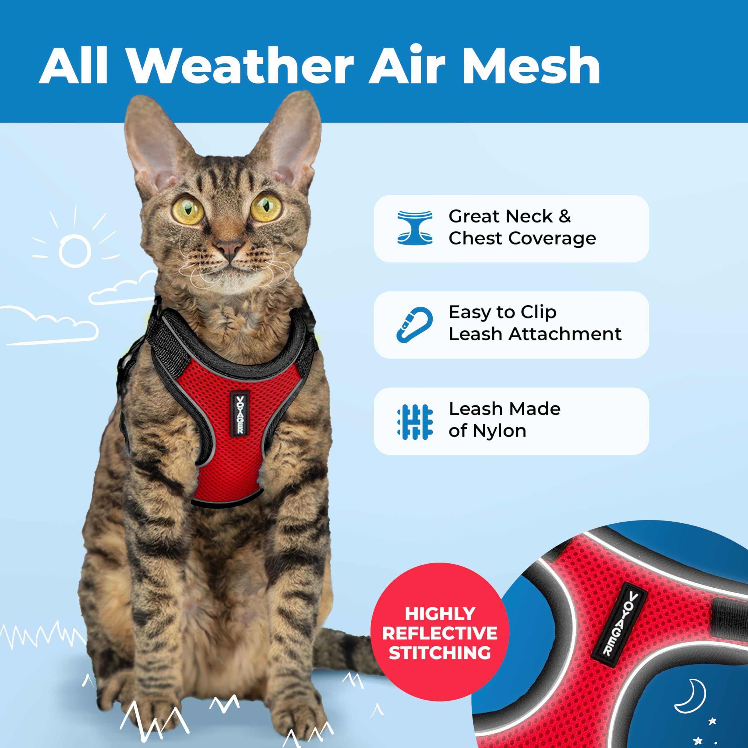 Best Pet Supplies Voyager Escape Proof Cat Harness and Leash Set - Reflective Stitching, All-Weather Air Mesh | XXS Size | Black Trim-Red 3