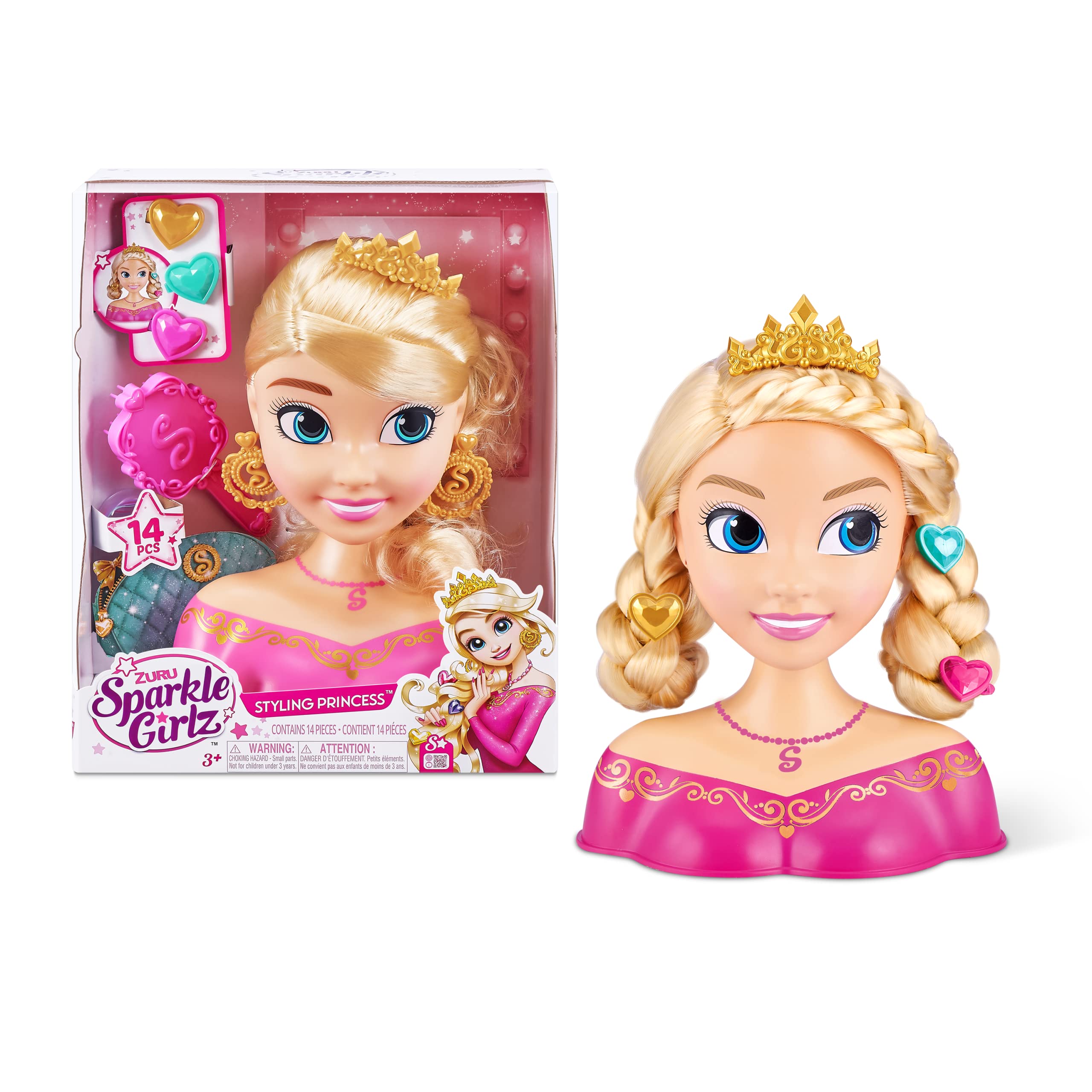 Sparkle Girlz Princess Hair Styling Head - 14 Pieces | Soft Rooted Hair | Ages 3+