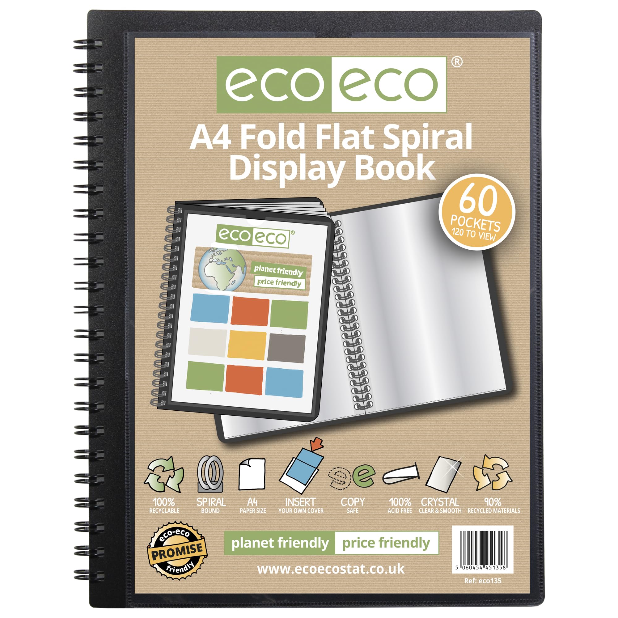 eco-eco A4 60 Pocket Display Book - 90% Recycled Material | Spiral Bound | Storage Pocket