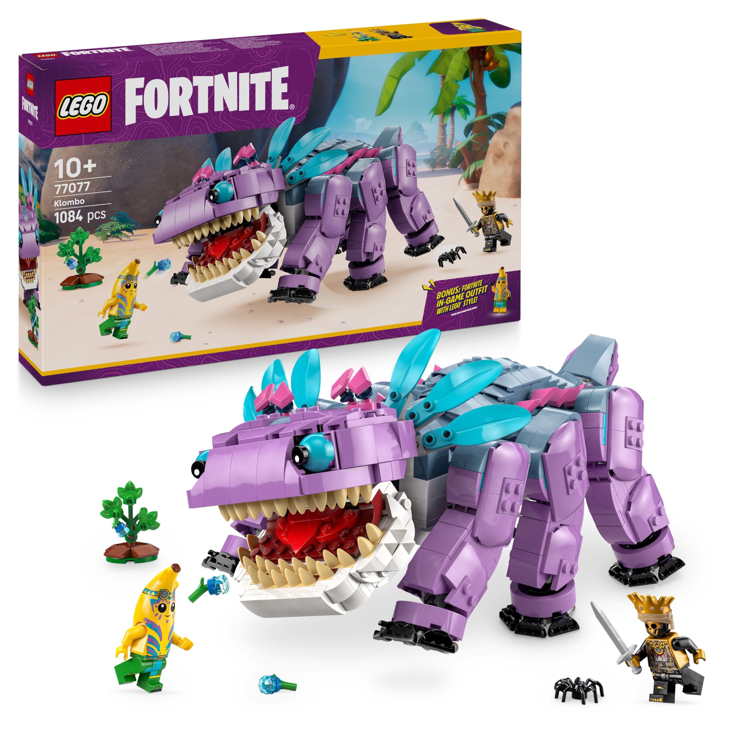 LEGO Fortnite Klombo Figur 77077 – Baubares Dino-Spielzeug mit Oro &amp; Island Peely Minifiguren, Bonus-Outfit im Spiel