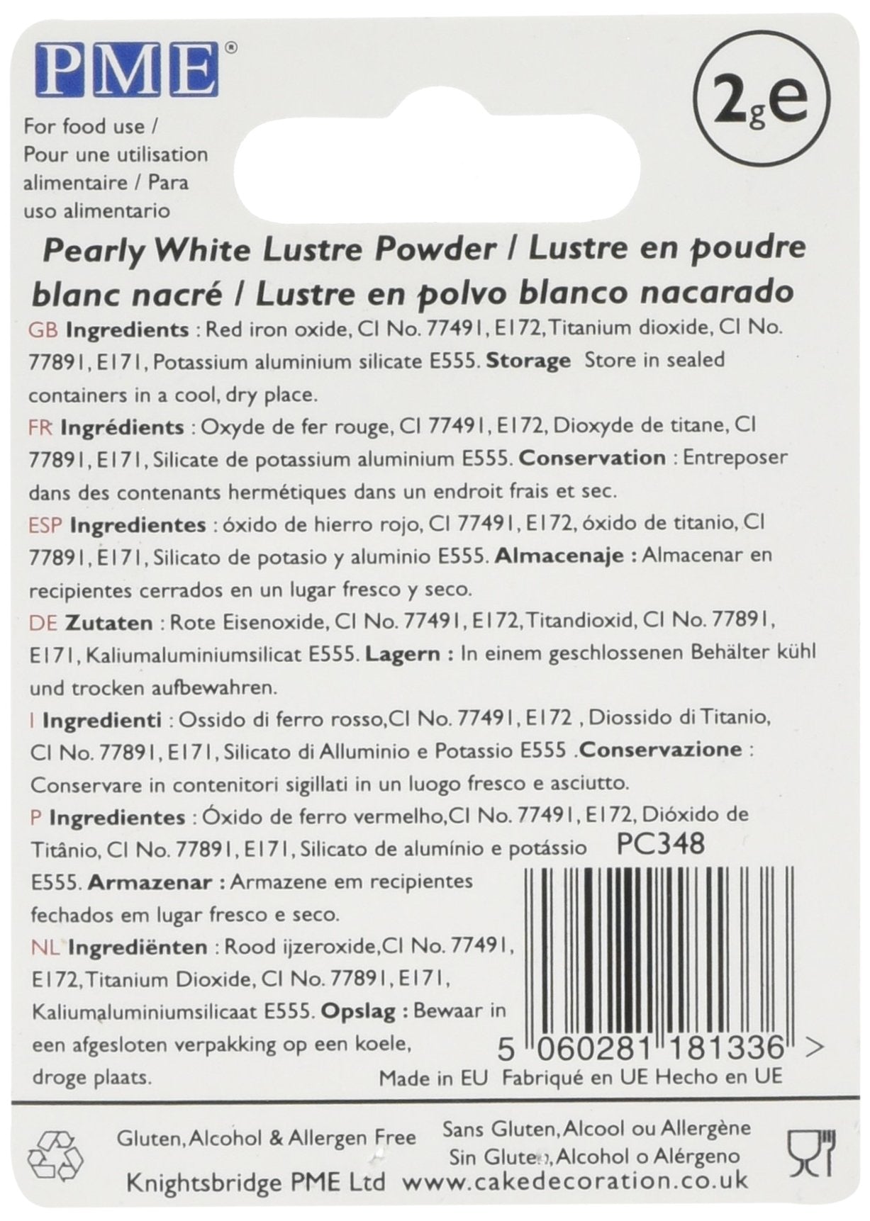 PME Edible Lustre Colour Pearly White Powder - 2g
