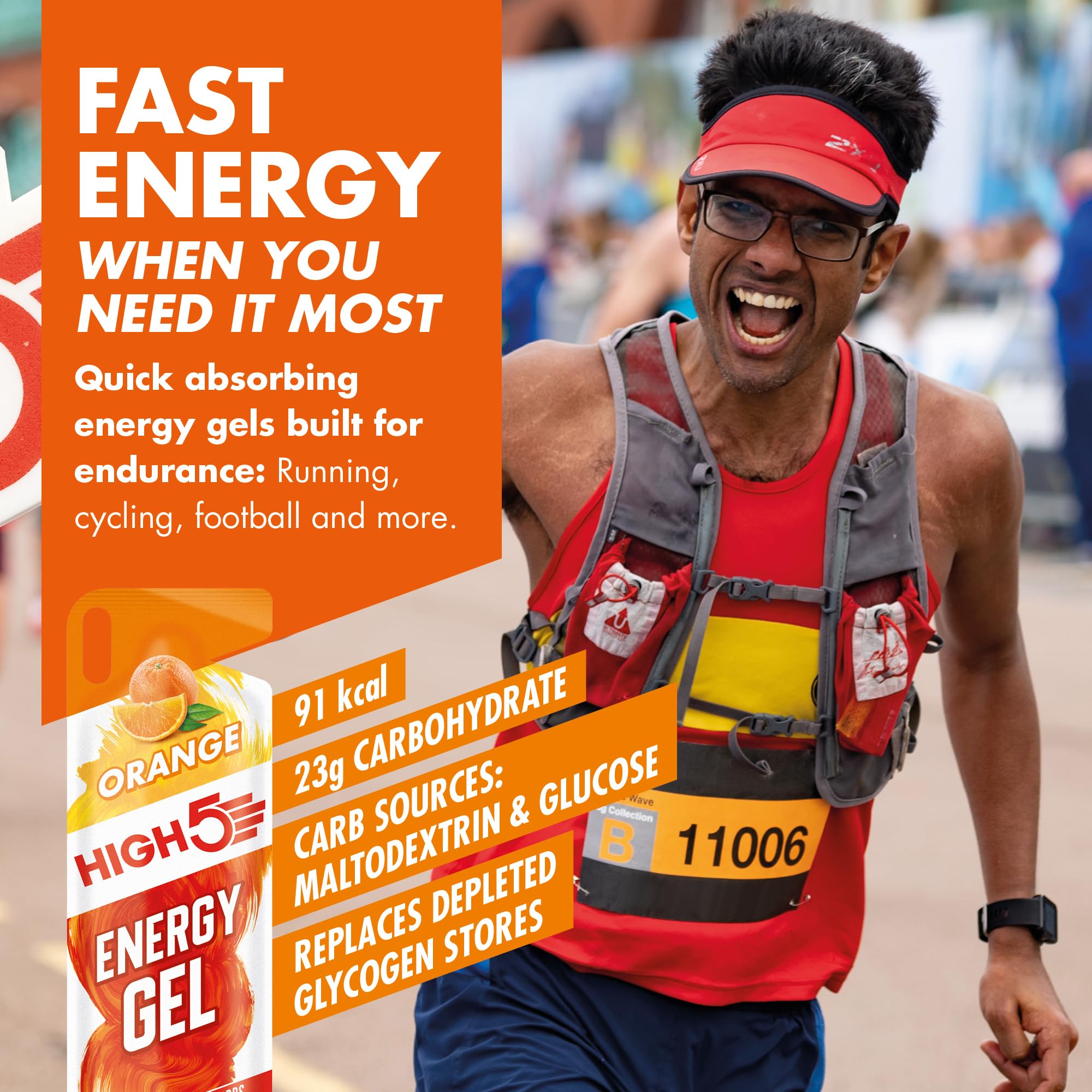 HIGH5 Energy Gel - 6 x 40g Pack | 23g Carbs per Sachet | Natural Orange Flavor