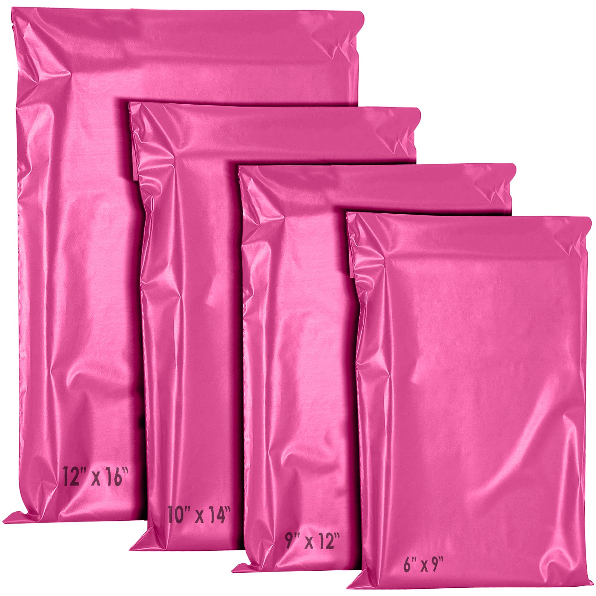 YUNJU 60 Mixed Size Hot Pink Plastic Mail Bags - Self-Seal, Waterproof Shipping Envelopes