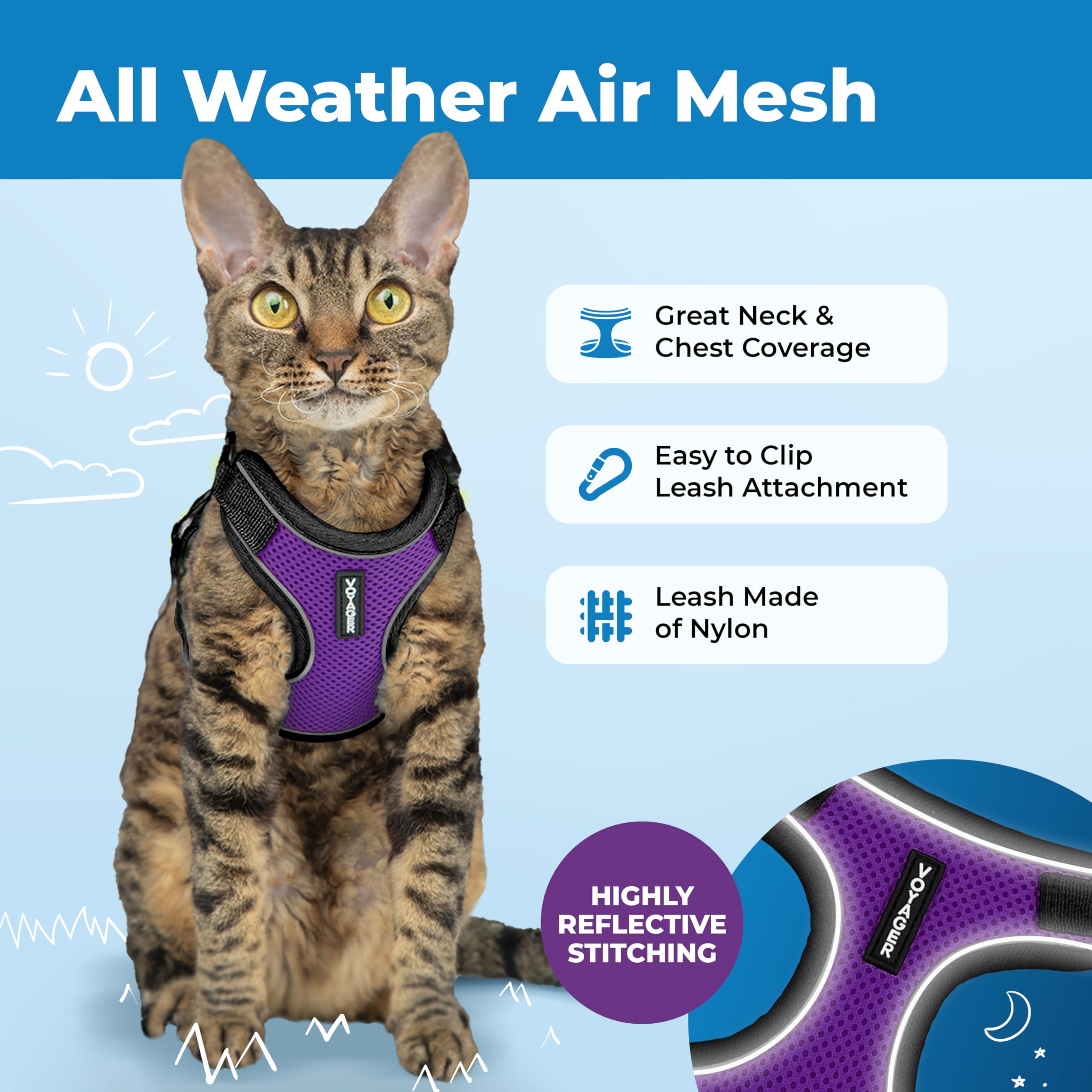 Best Pet Supplies Voyager Escape Proof Cat Harness and Leash Set - Reflective Stitching, 5ft Leash, Adjustable Fit - Black Trim-Purple, Small 3