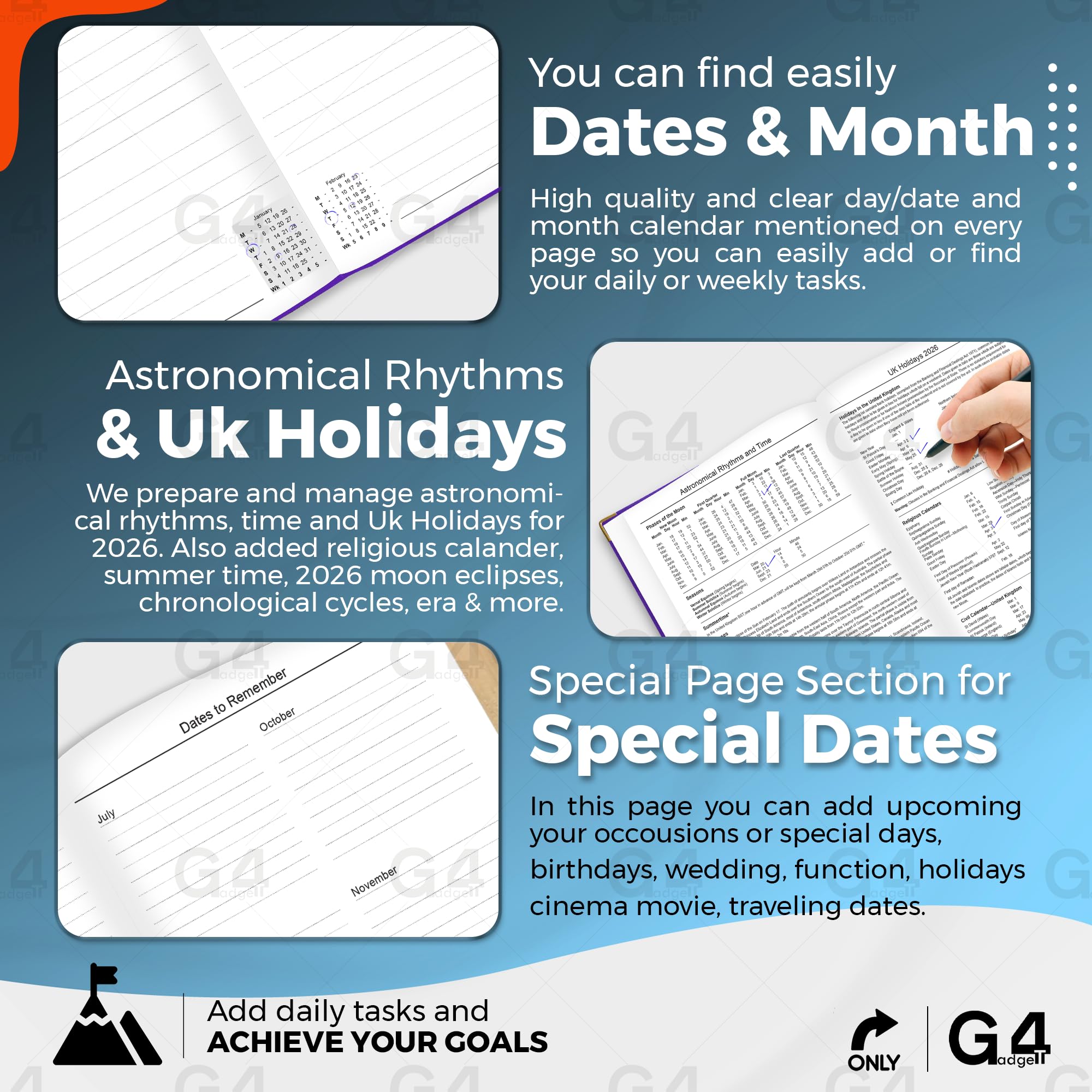 G4GADGET 2026 A4 Week to View Diary | Purple Hardback | Gilt Edges 4