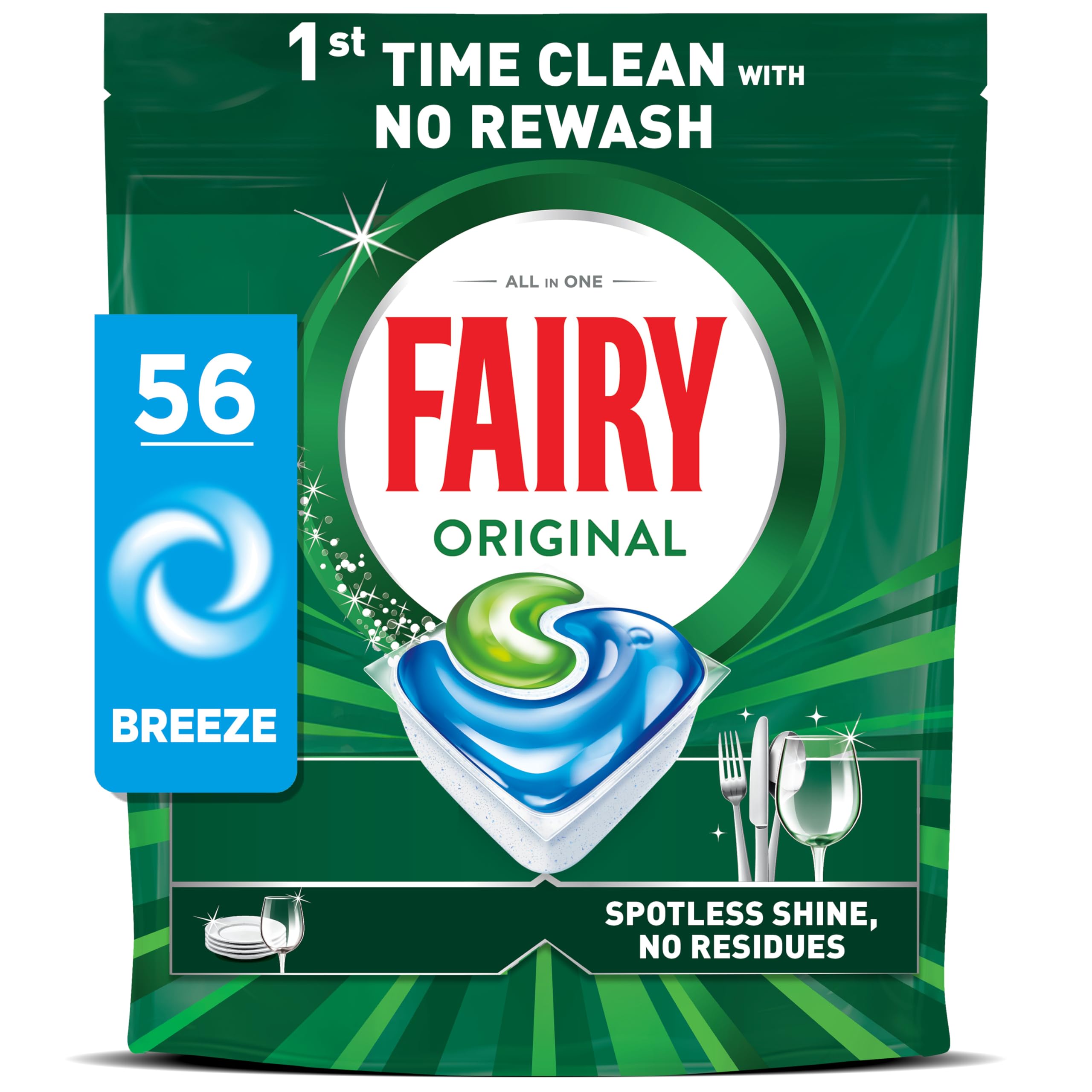 Fairy Original Power Dishwasher Tablets - 1st Time Clean, Built-in Rinse Aid & Salt | 56 Count