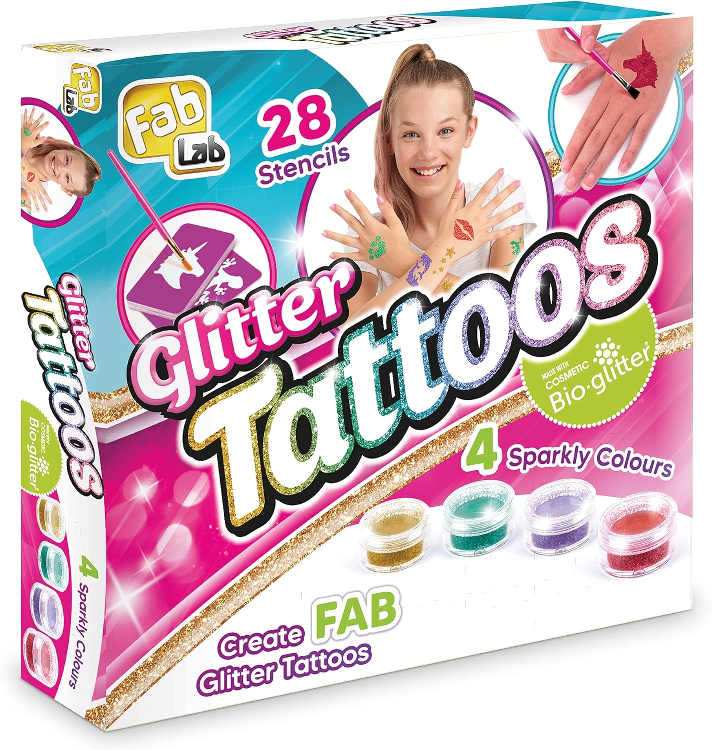 FabLab Glitter Tattoos Kit mit Bioglitter – 28 Designs und 4 glitzernde Farben 1