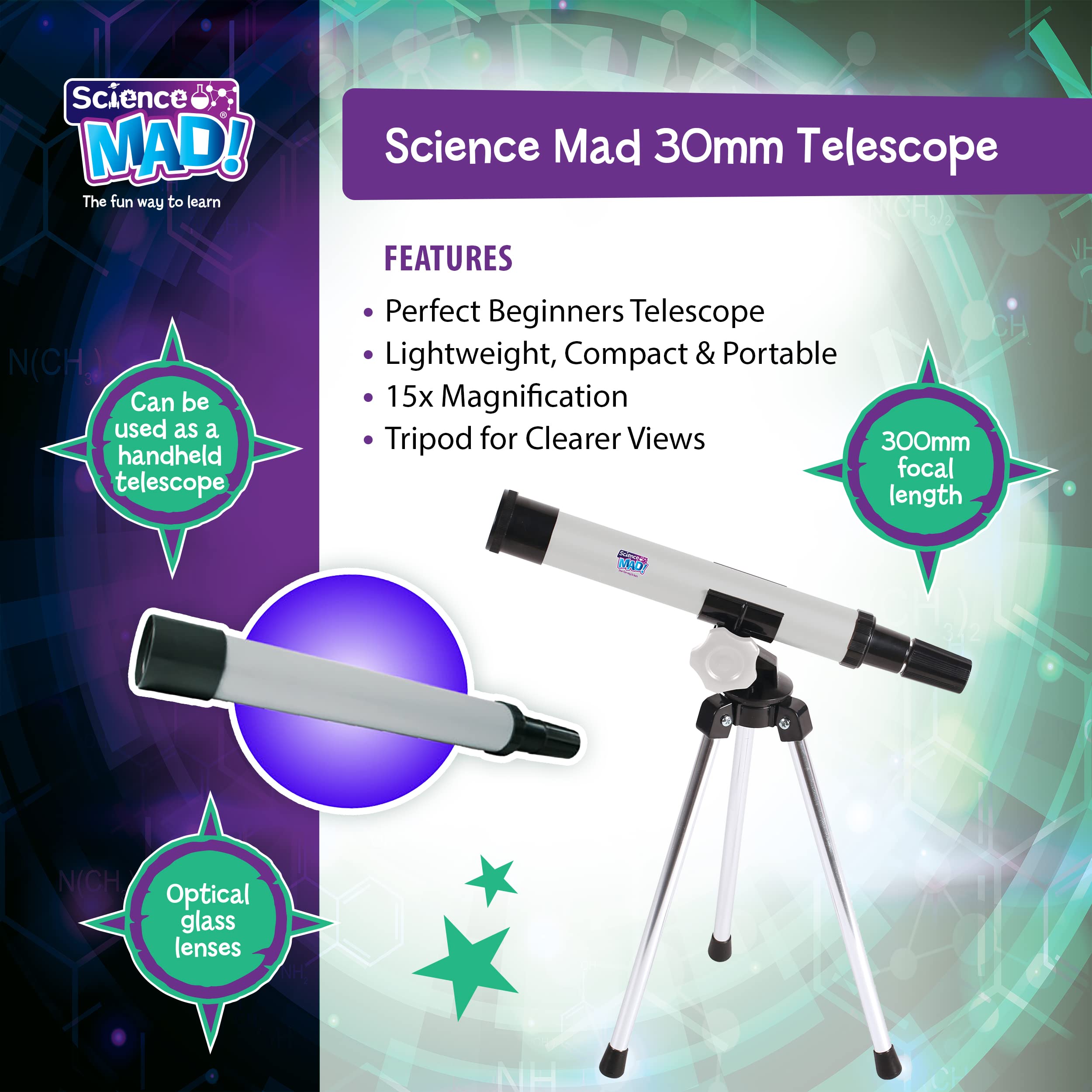 Science Mad 30mm Telescope - 15x Magnification | Ages 6+ | Includes Tripod 3