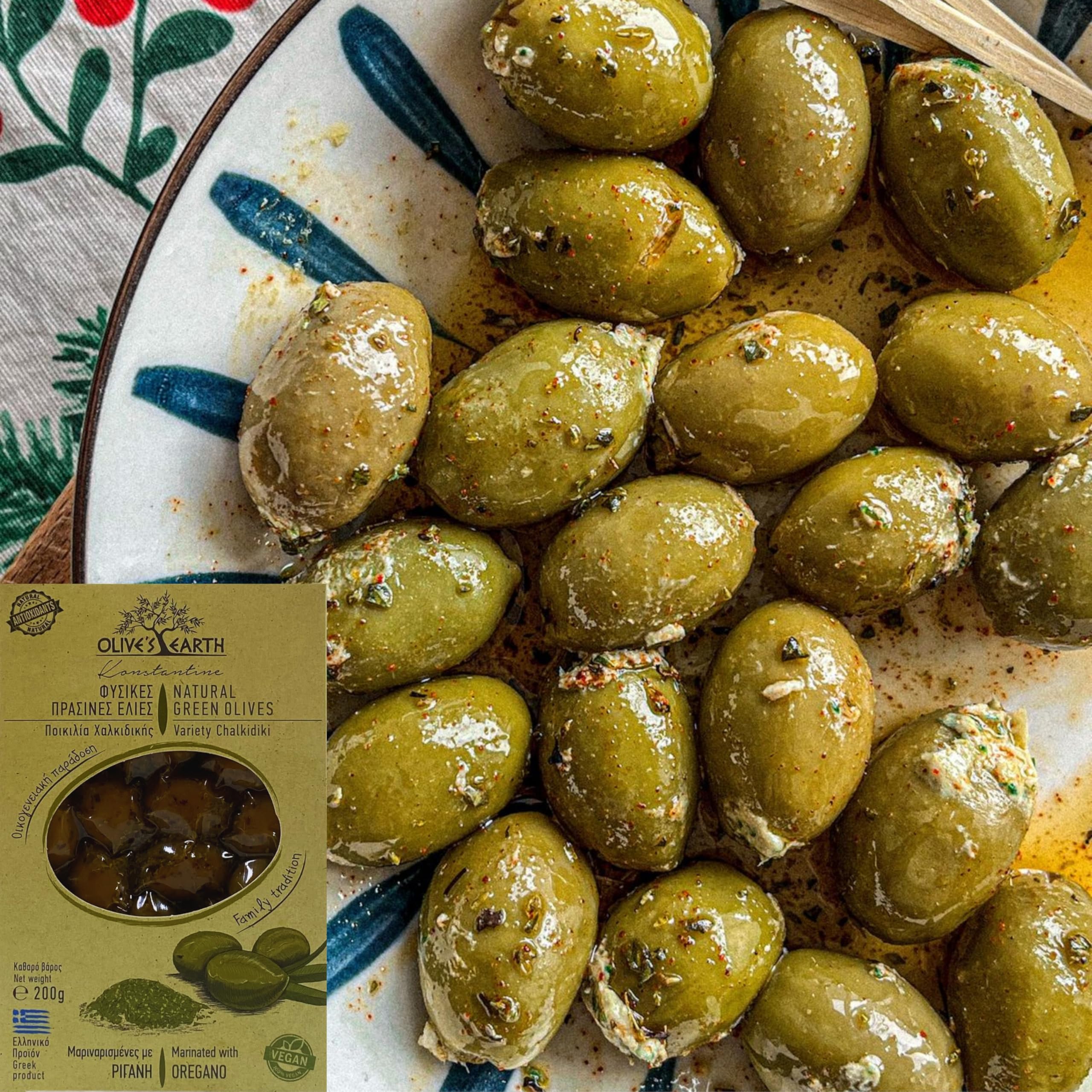 Olive's Earth Greek Natural Green Olives Marinated with Oregano | 4 x 200g Pack (800g Total) 4