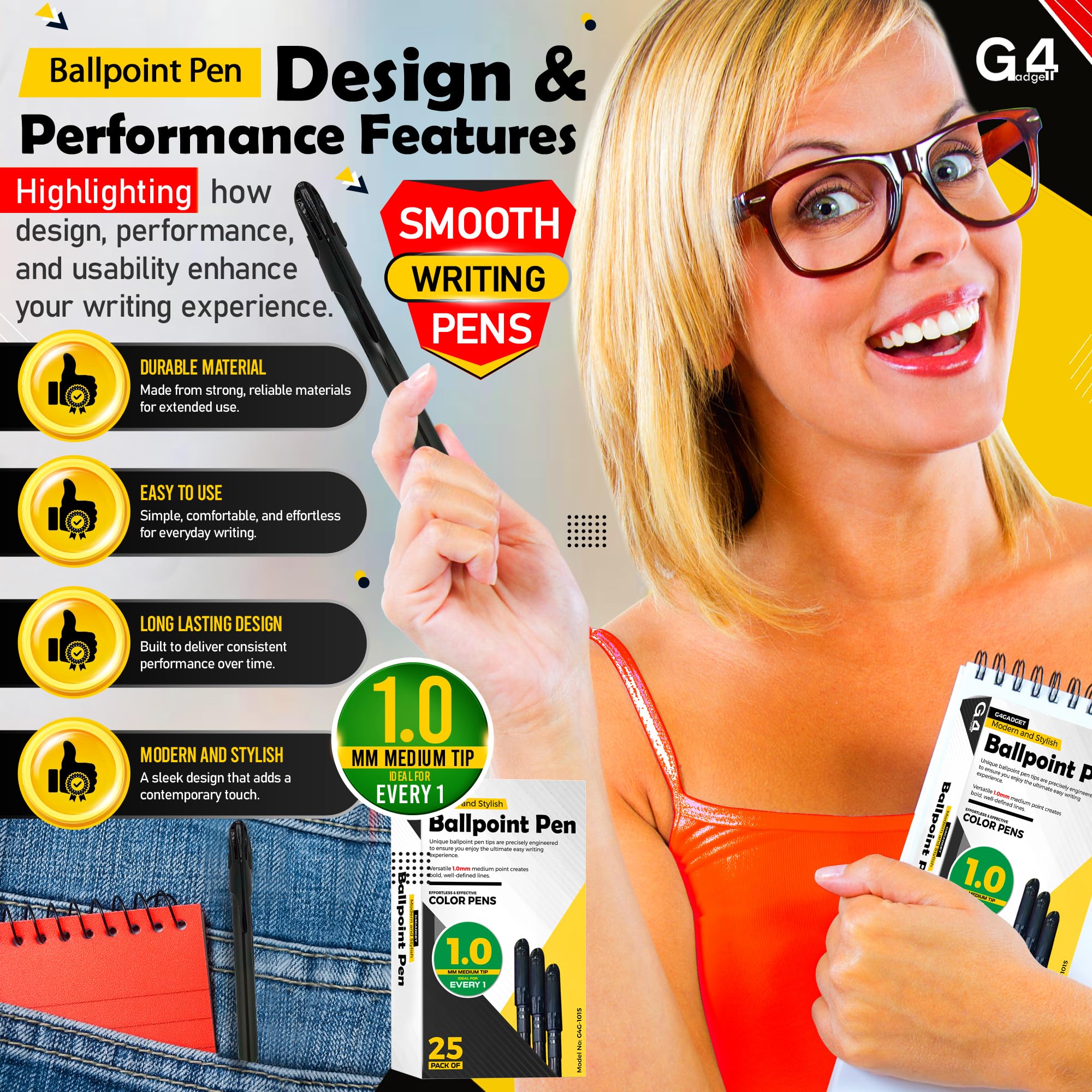 G4GADGET Ballpoint Pens - 25 Pack Black Ink, 1.0mm Medium Point, Quick-Dry | Smooth Writing 3