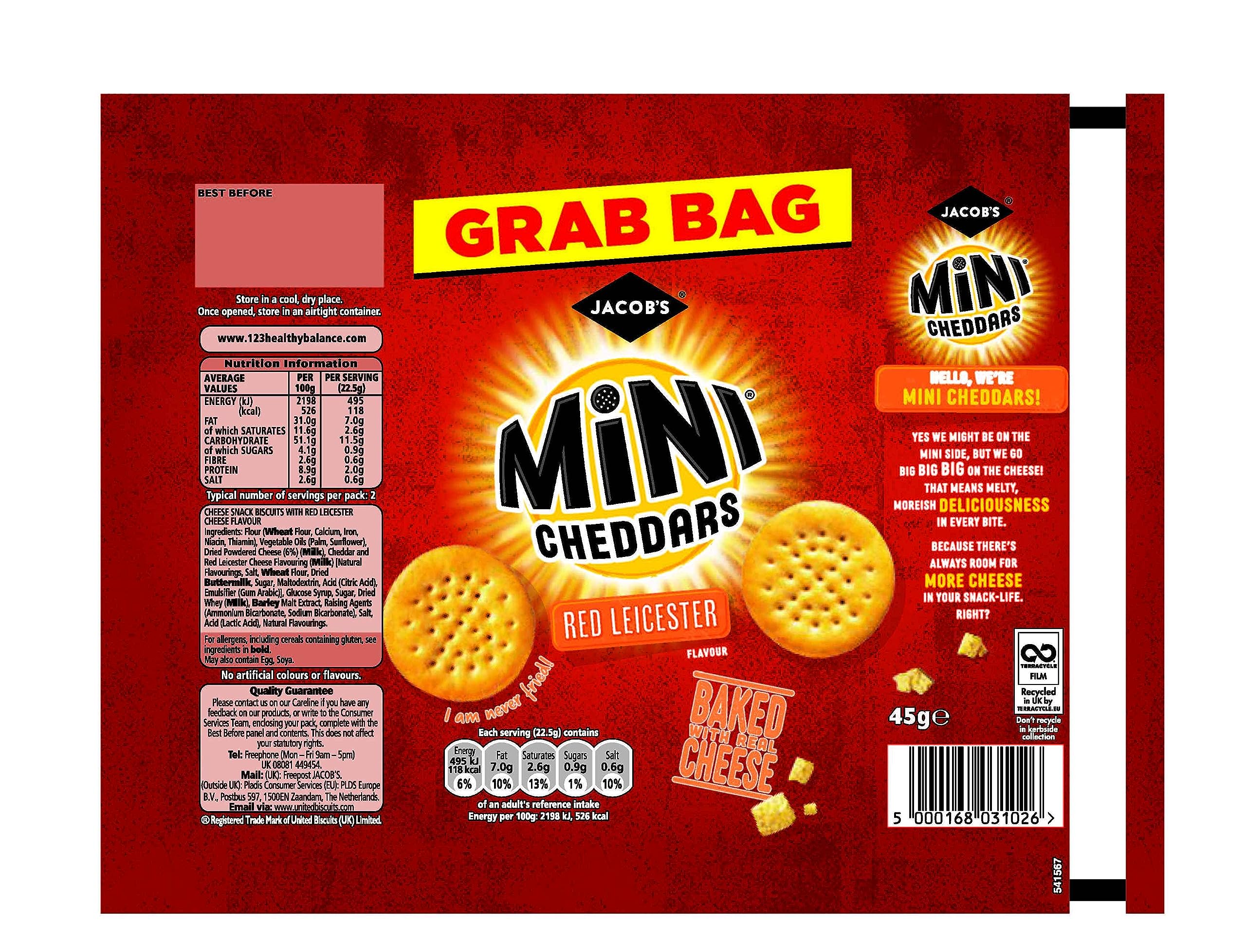 JACOB'S Mini Cheddars Red Leicester Cheese Crackers - 30 Pack of 45g Grab Bags 3