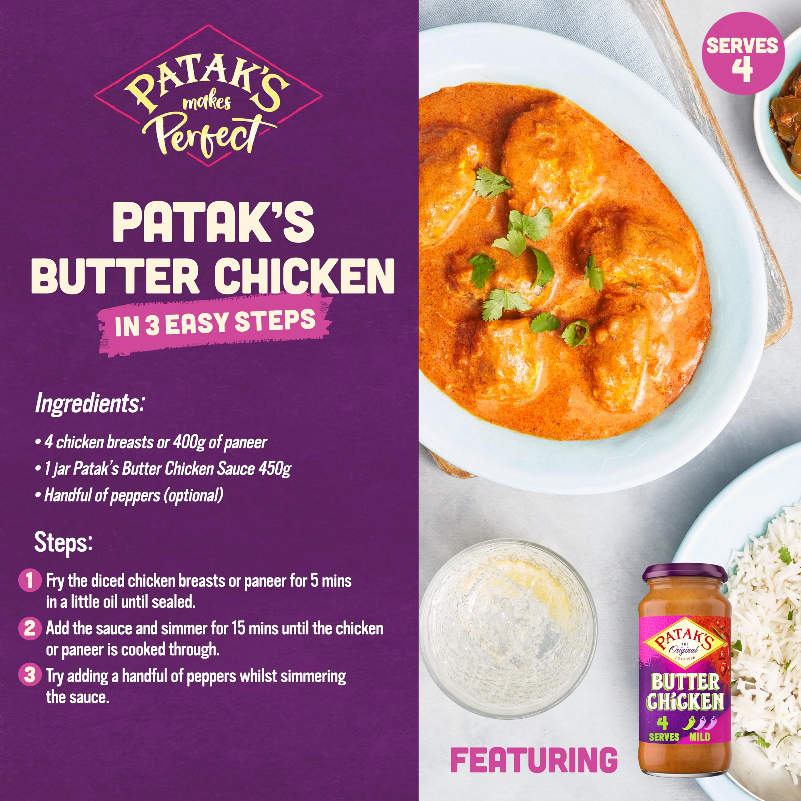 Patak's Butter Chicken Curry Sauce - Mild Spice, Serves 4 | 450g