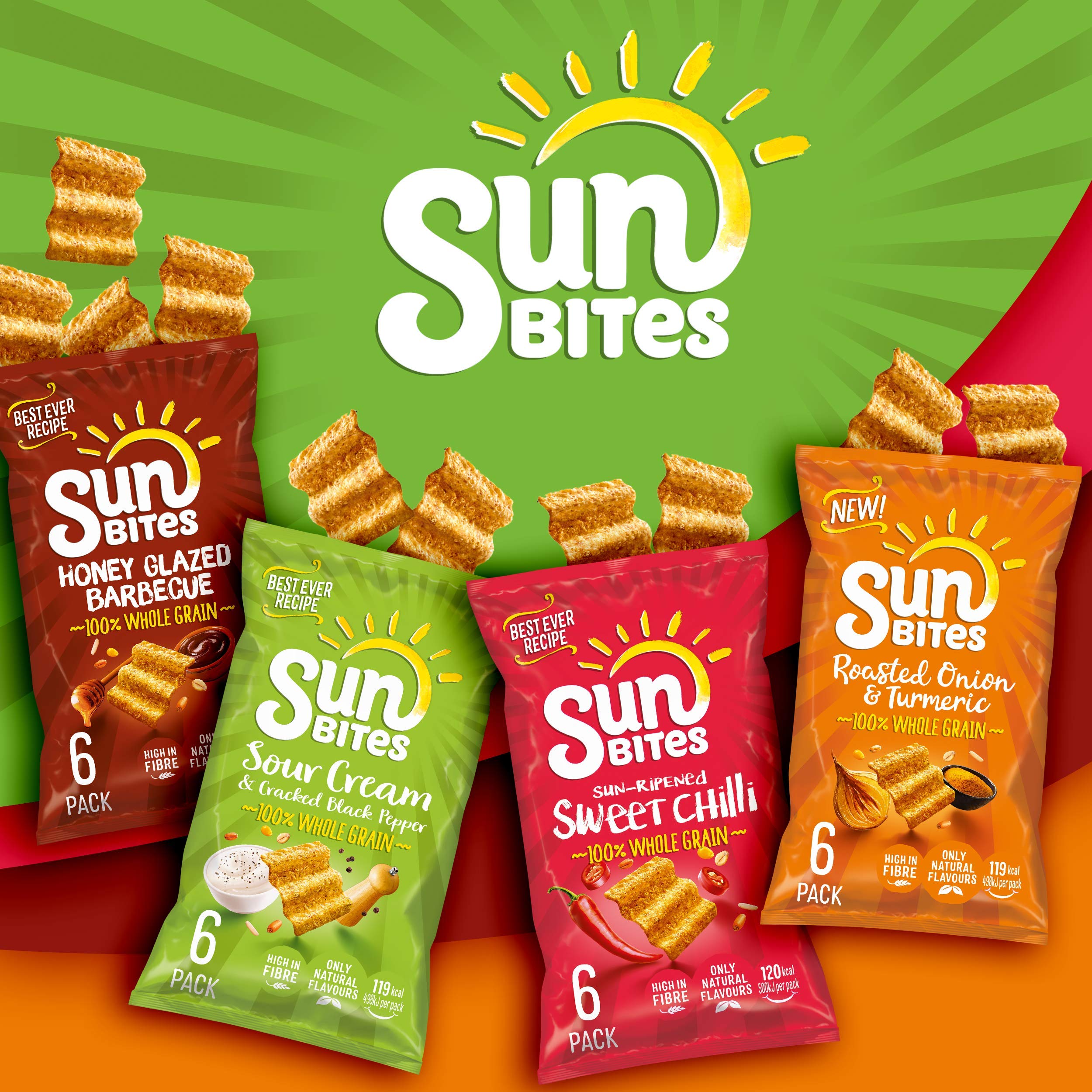 Sunbites Sonnengereifte Sweet-Chili-Vollkornchips, 6 x 25 g, Multipack