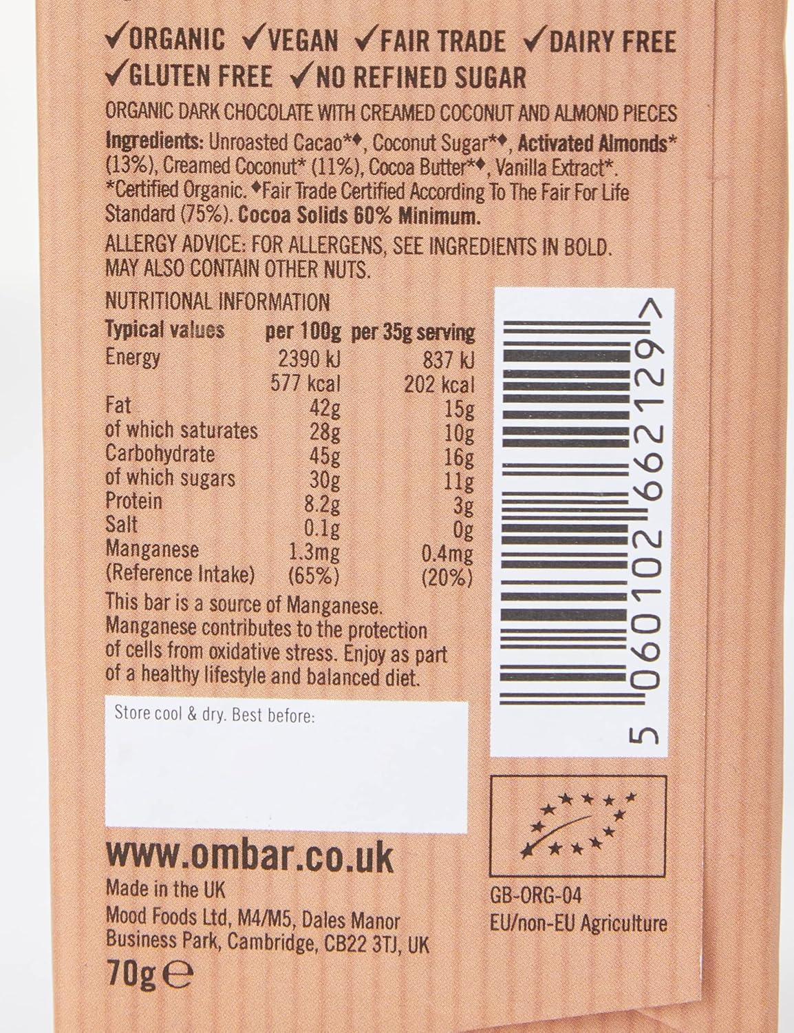 Ombar Coco Almond Veganer Schokoriegel - Bio Fair Trade Milchfrei 60g 7