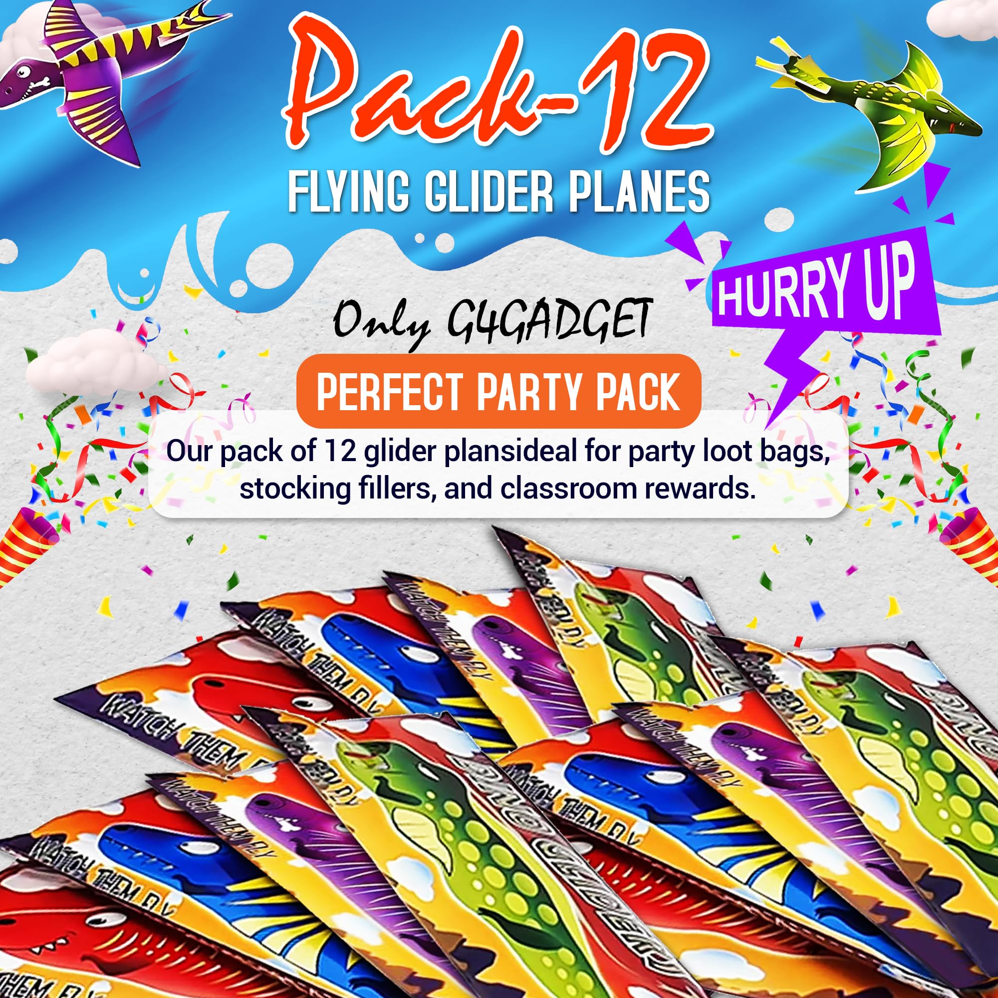 G4GADGET Pack of 12 Dinosaur Flying Glider Planes - Lightweight Foam, 4 Assorted Designs, Ideal for Kids Ages 3+