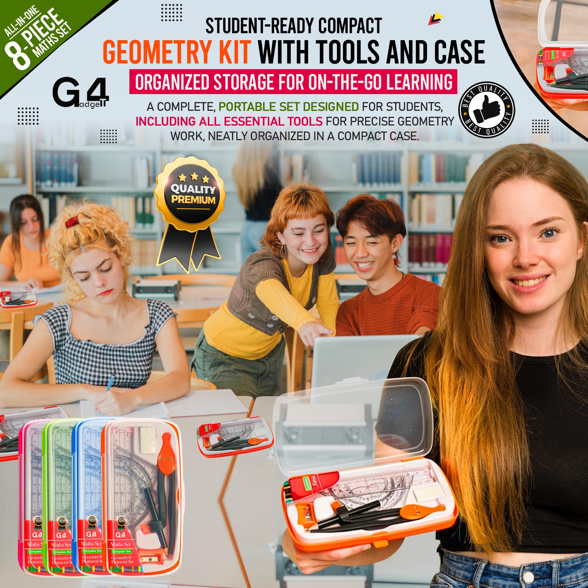 G4GADGET 8-Piece Maths Geometry Set – Compass, Protractor, Ruler, Pencil & Accessories 4