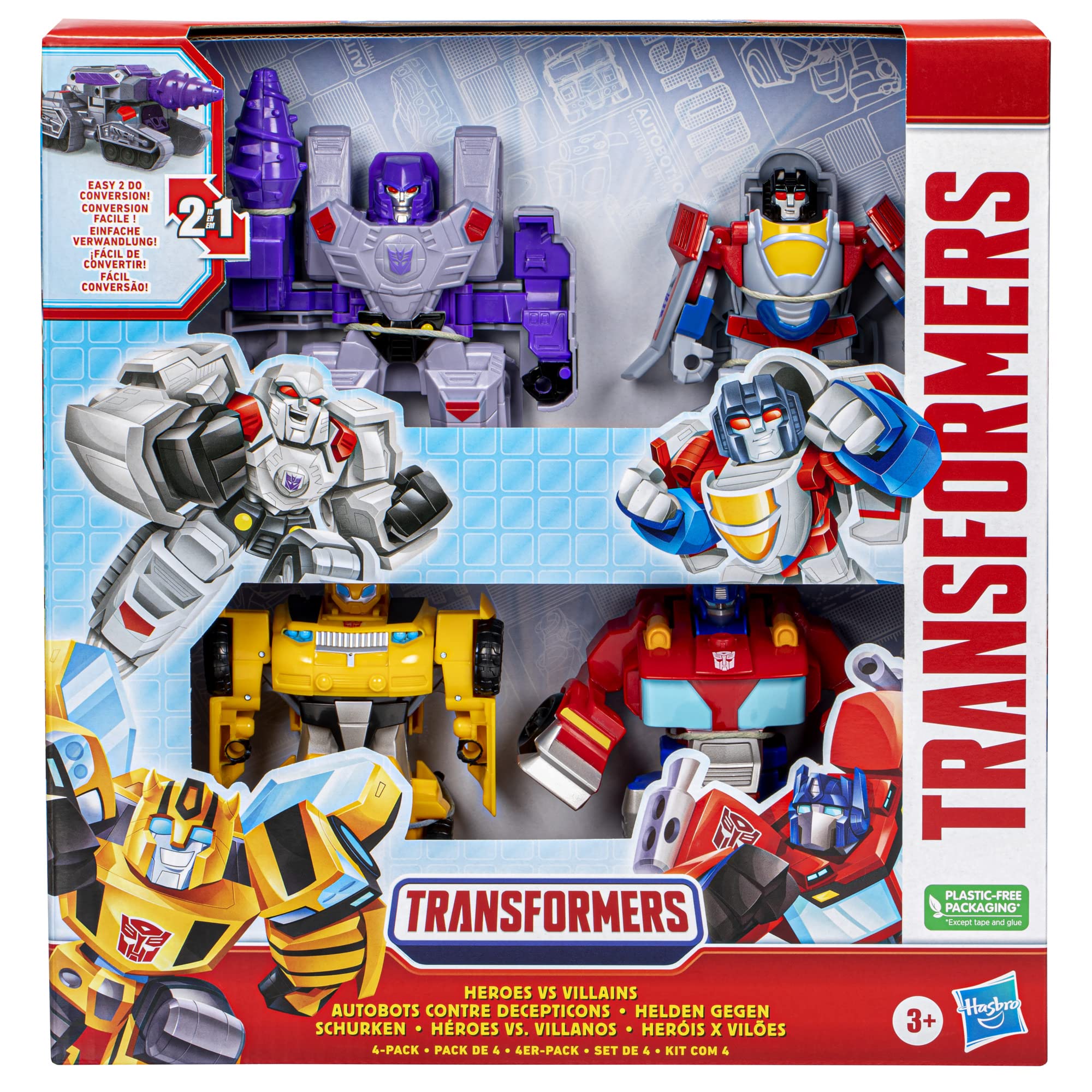 Transformers Heroes vs Villains 4-Pack Action Figures - Optimus Prime, Bumblebee, Megatron, Starscream | 11-cm Figures | Ages 3+ 3