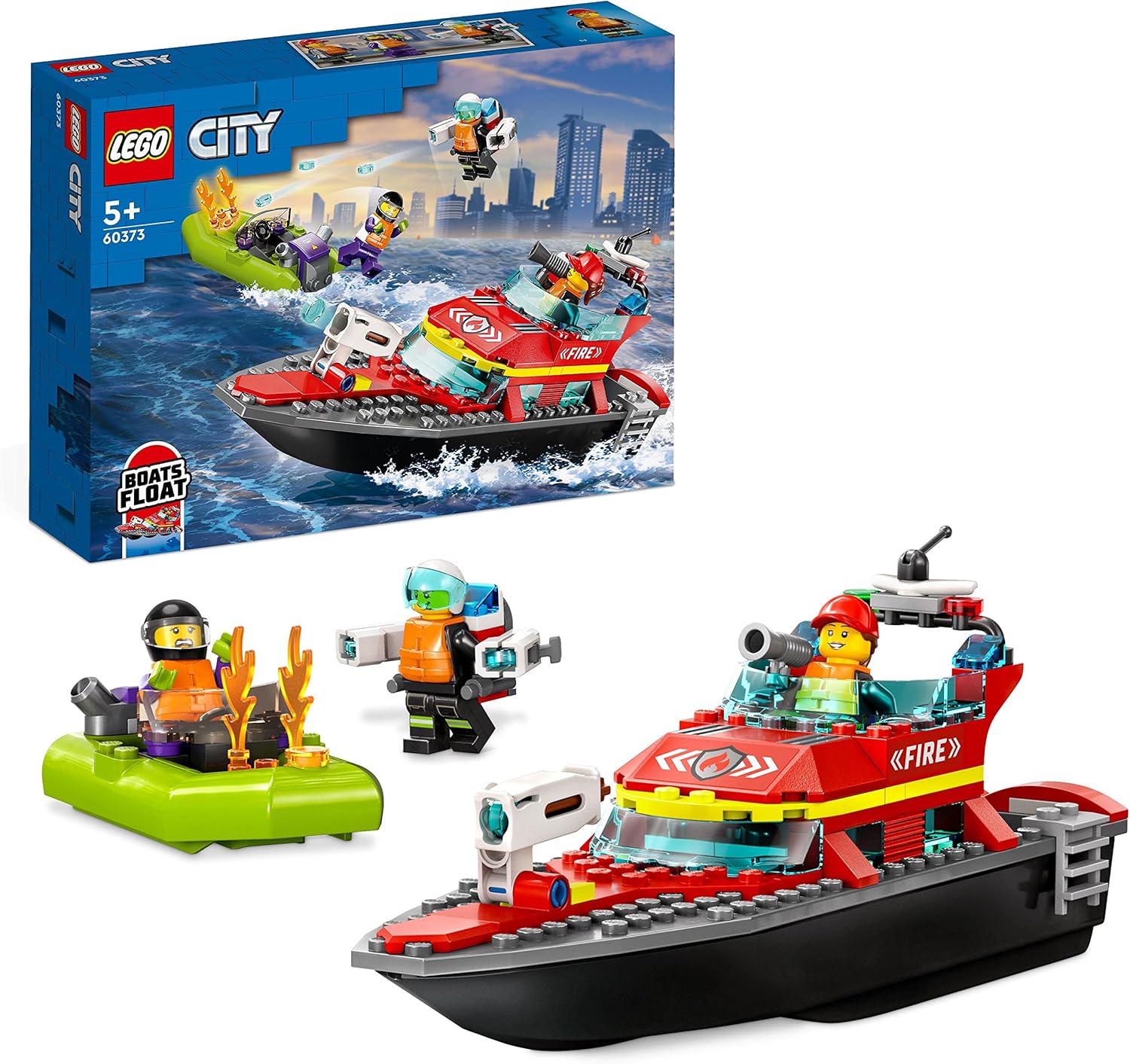 LEGO City Feuerwehr-Rettungsboot-Spielzeug – Schwimmendes Feuerlöschboot mit Jetpack, Schlauchboot und 3 Minifiguren für Kinder ab 5 Jahren