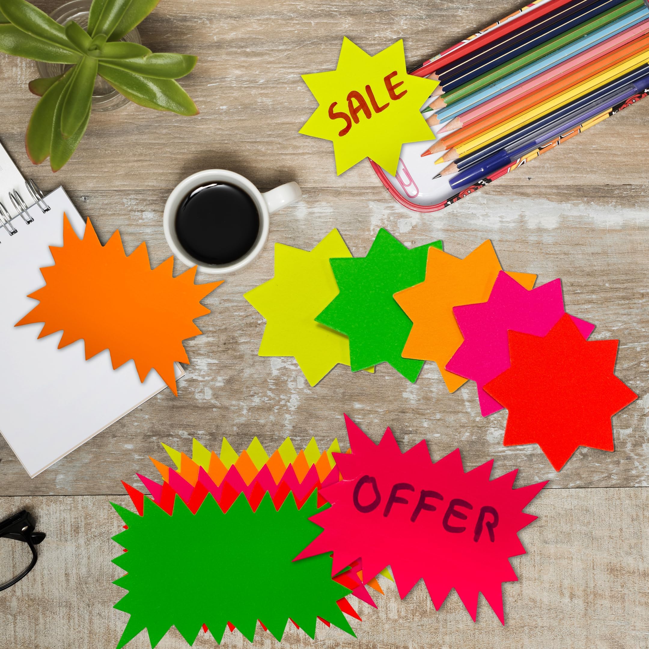 Janrax Neon Fluorescent Star Pricemarker Labels - 42mm, Colourful, Pack of 100 6