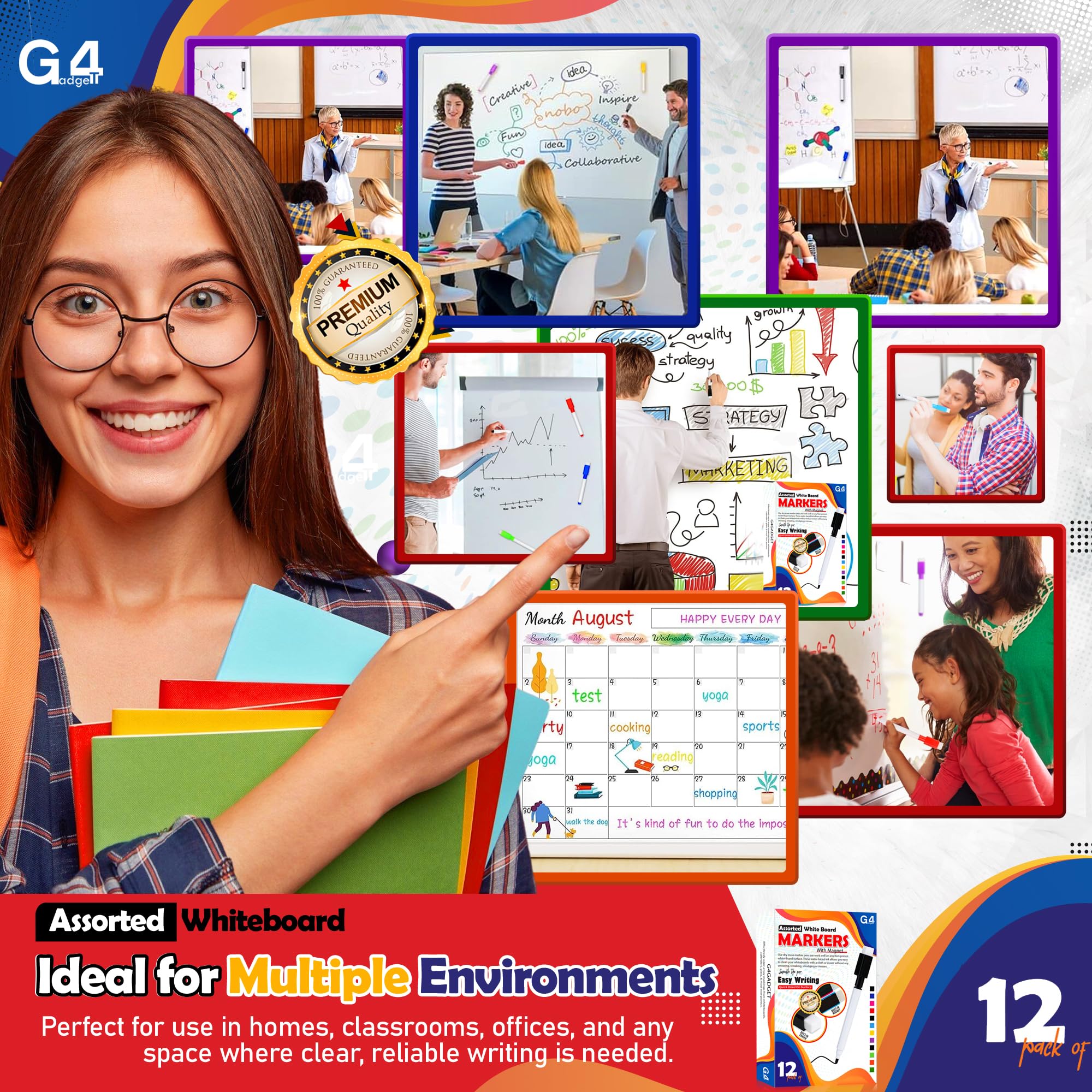 G4GADGET 12 Pack Dry Erase Markers - Magnetic Cap & Built-in Eraser | Assorted Colors 4