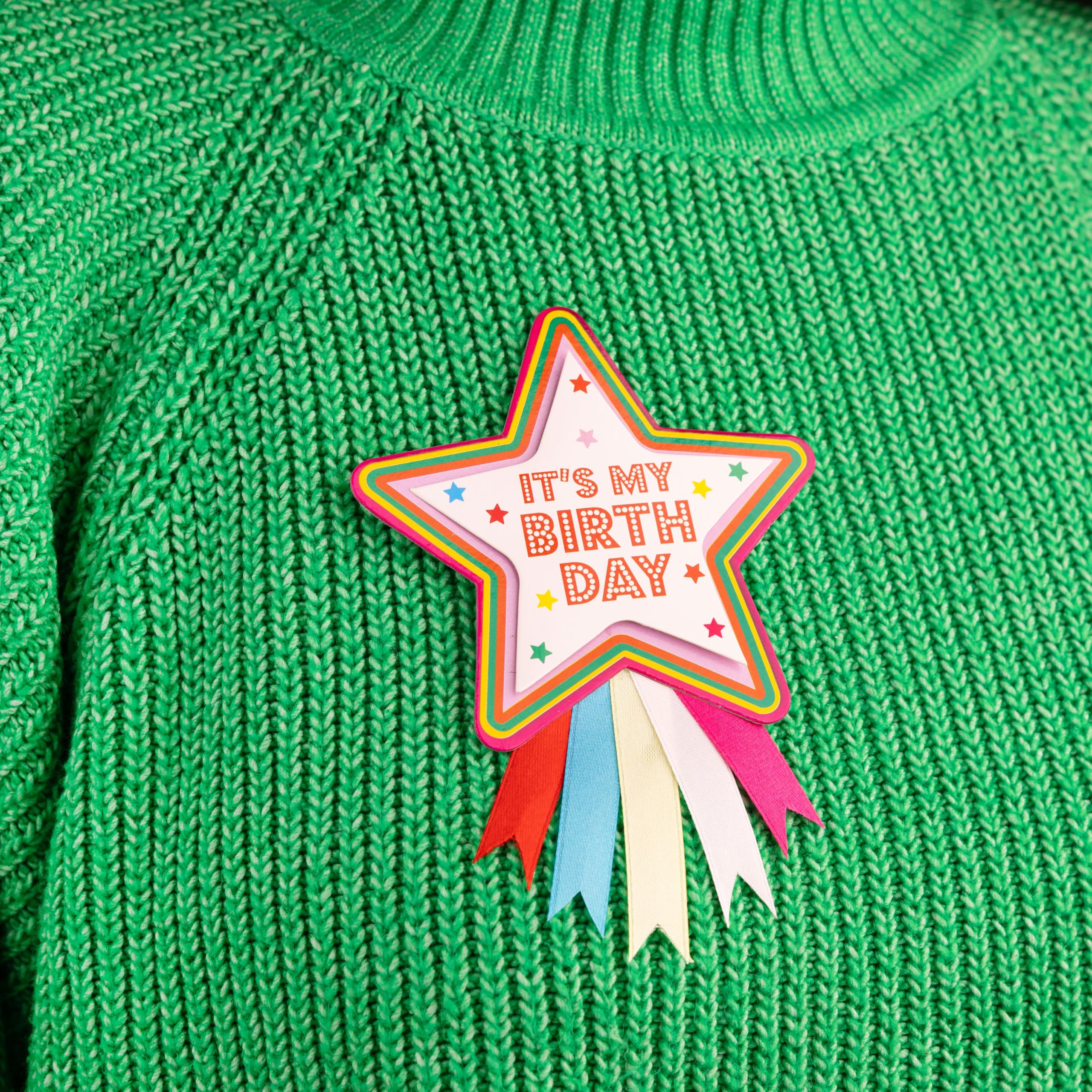 Talking Tables Happy Birthday Rosette Star Badge - Reusable, Colourful Ditsy Stars, 10cm Diameter