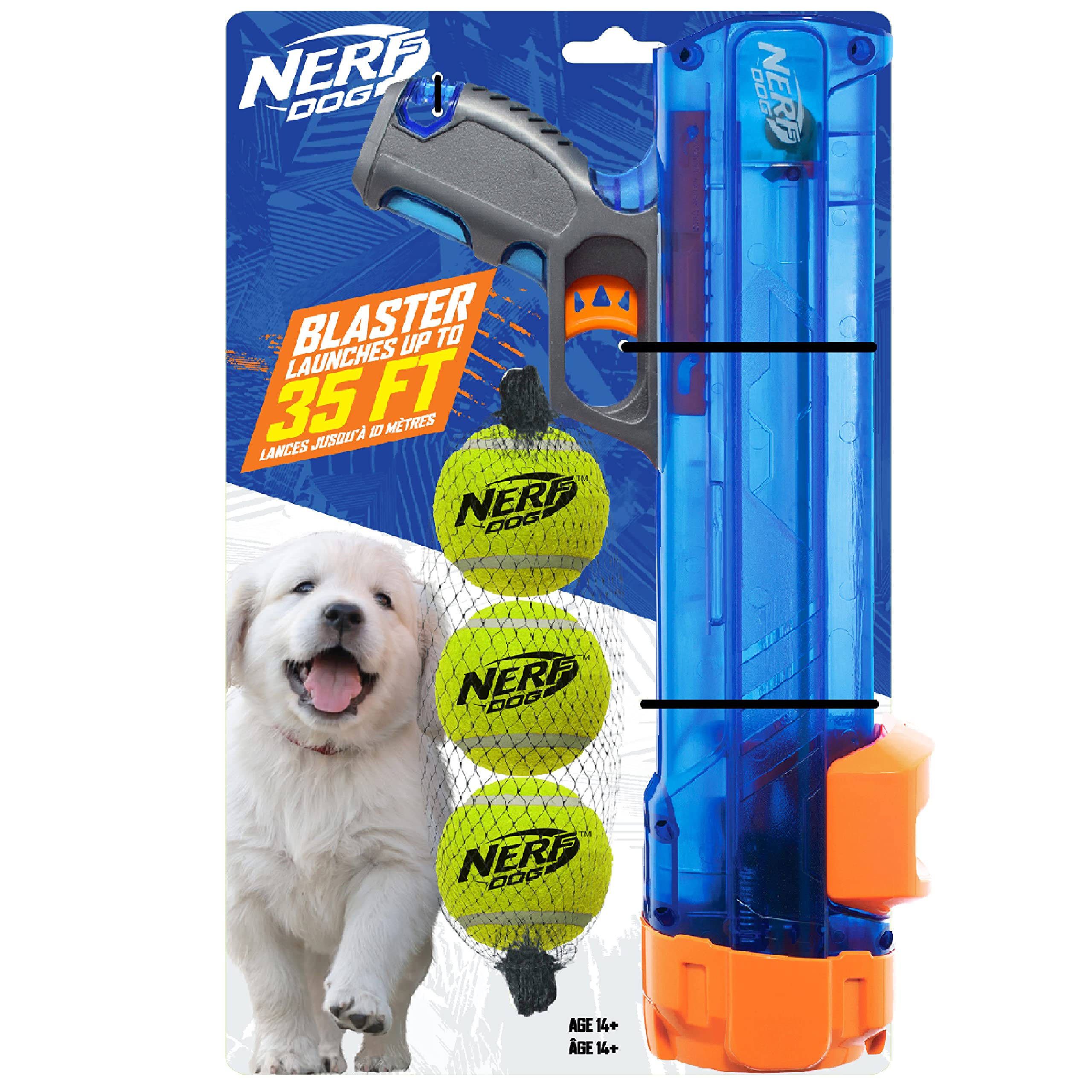 Nerf Dog Small Tennis Ball Blaster Gift Set | Launches up to 35ft | Includes 3 Balls | Translucent Blue