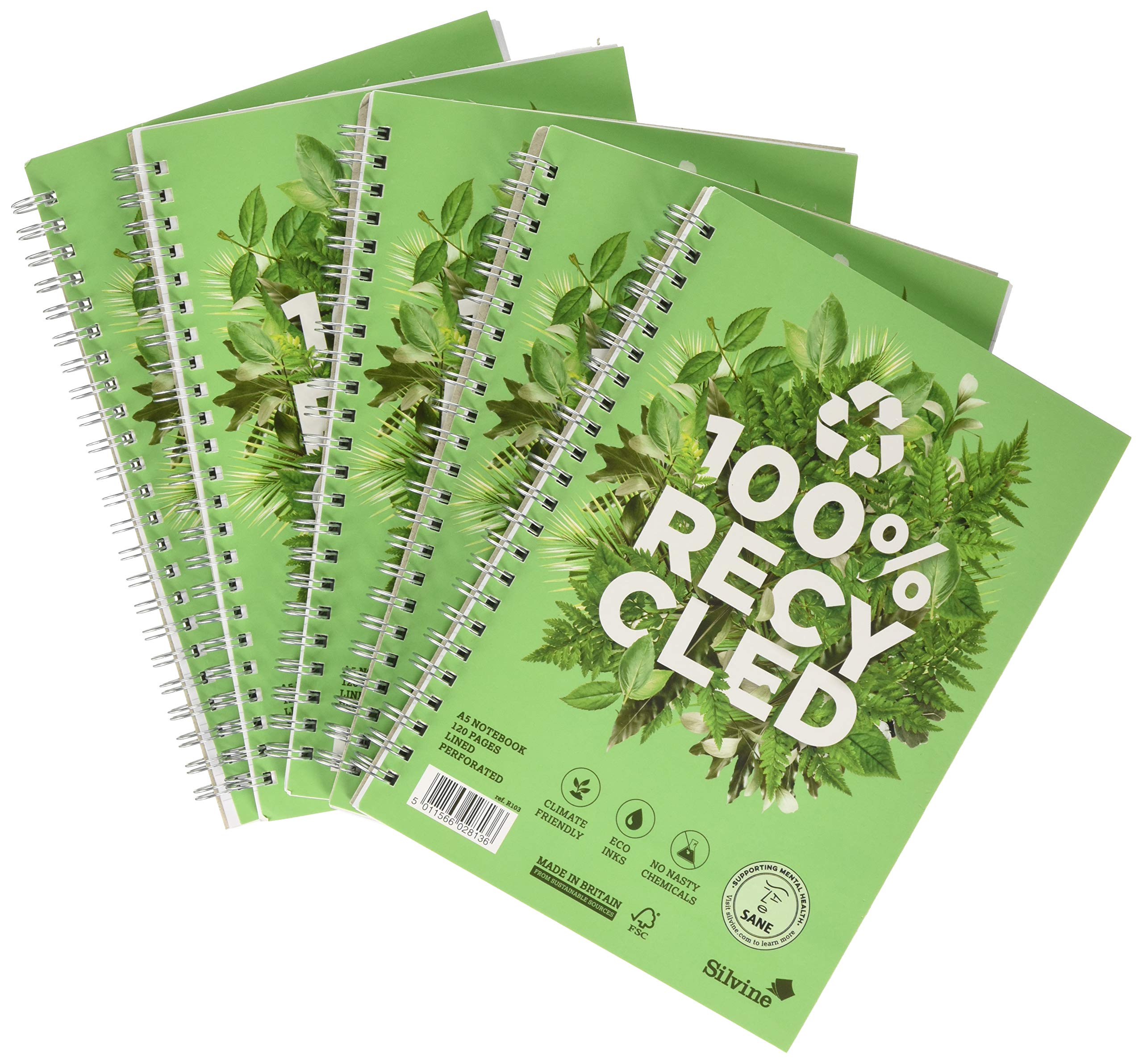 Silvine A5 Premium Recycled Wirebound Notebook - 120 Lined Pages, 80gsm, Green | 5 Pack